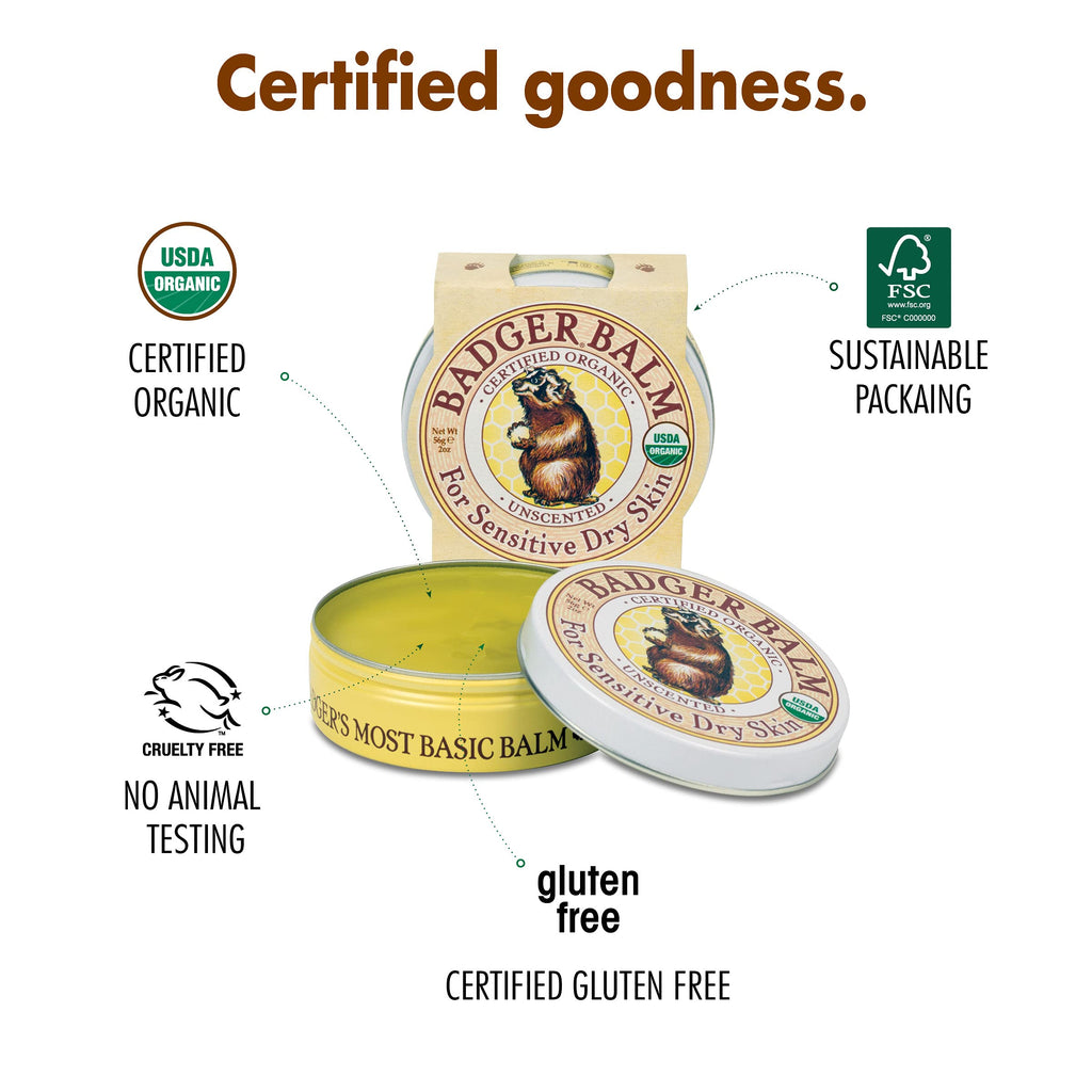 Badger Balm Unscented Hand Cream — 2 oz Tin, 2-Pack | 100% Organic Olive Oil & Beeswax