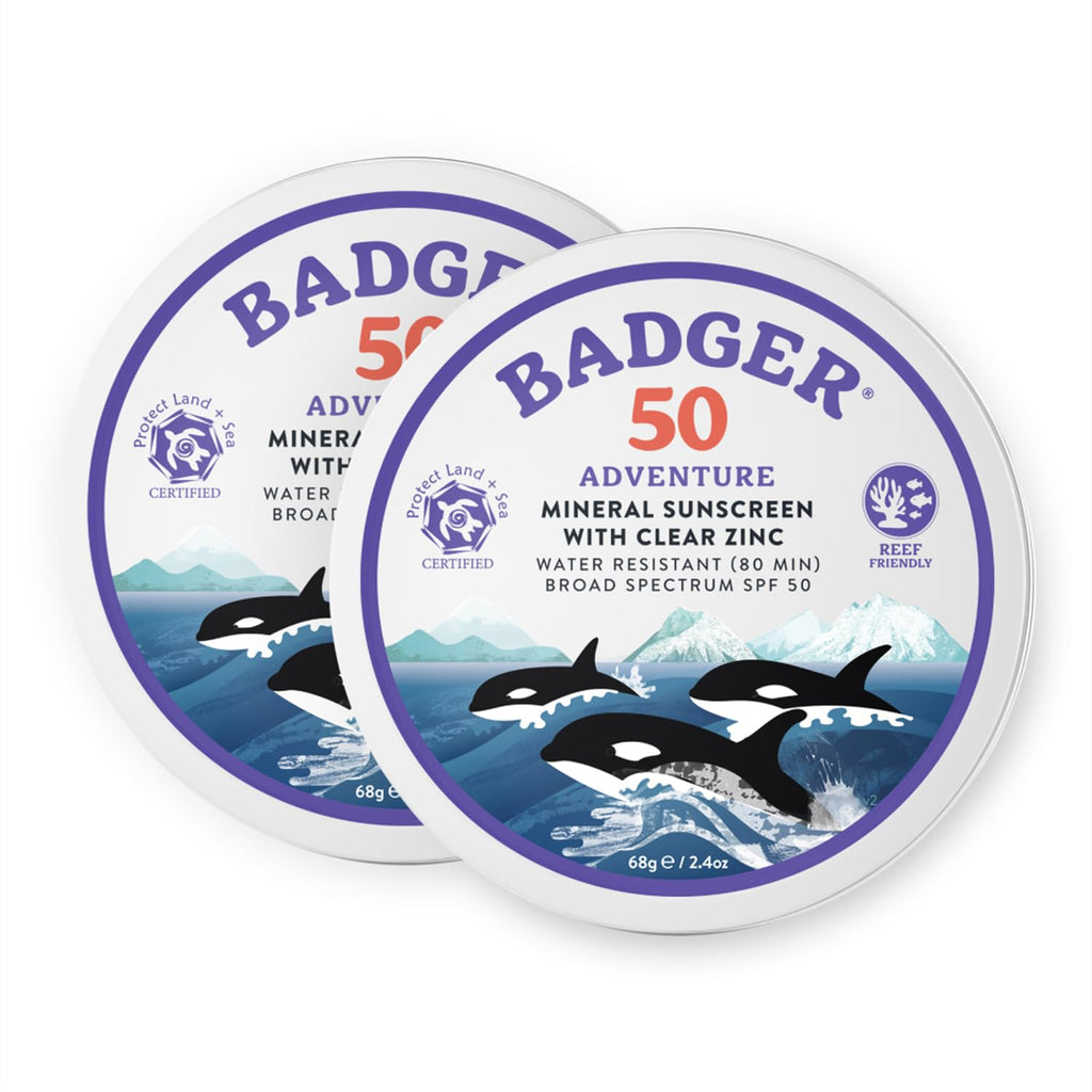Badger SPF 50 Mineral Sunscreen — Biodegradable Reef Safe, Unscented, Water Resistant, Travel Tin (2-Pack)