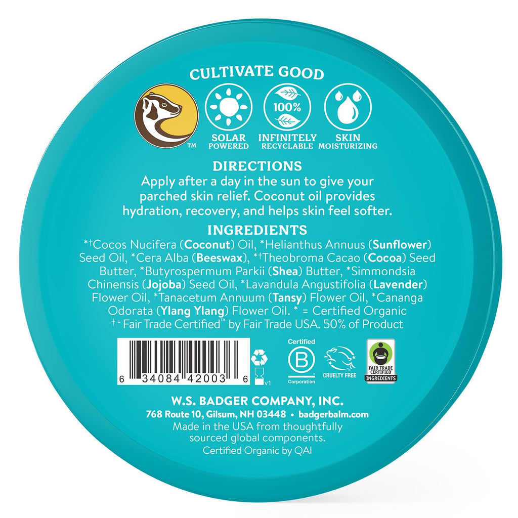 Badger Coconut AfterSun Balm – 100% Organic Soothing After Sun Care, 2 oz Tin