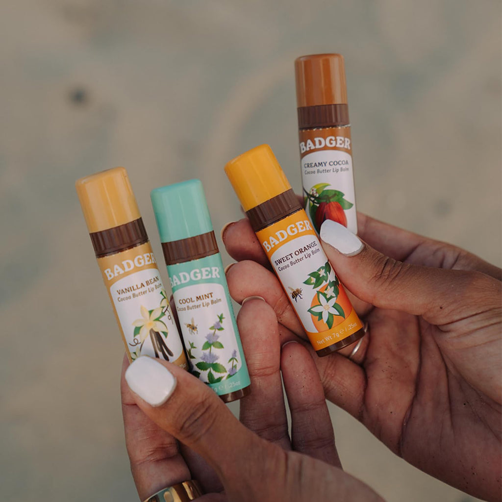 Badger Cool Mint Cocoa Butter Lip Balm – Organic, Long-Lasting Hydration, 4-Pack