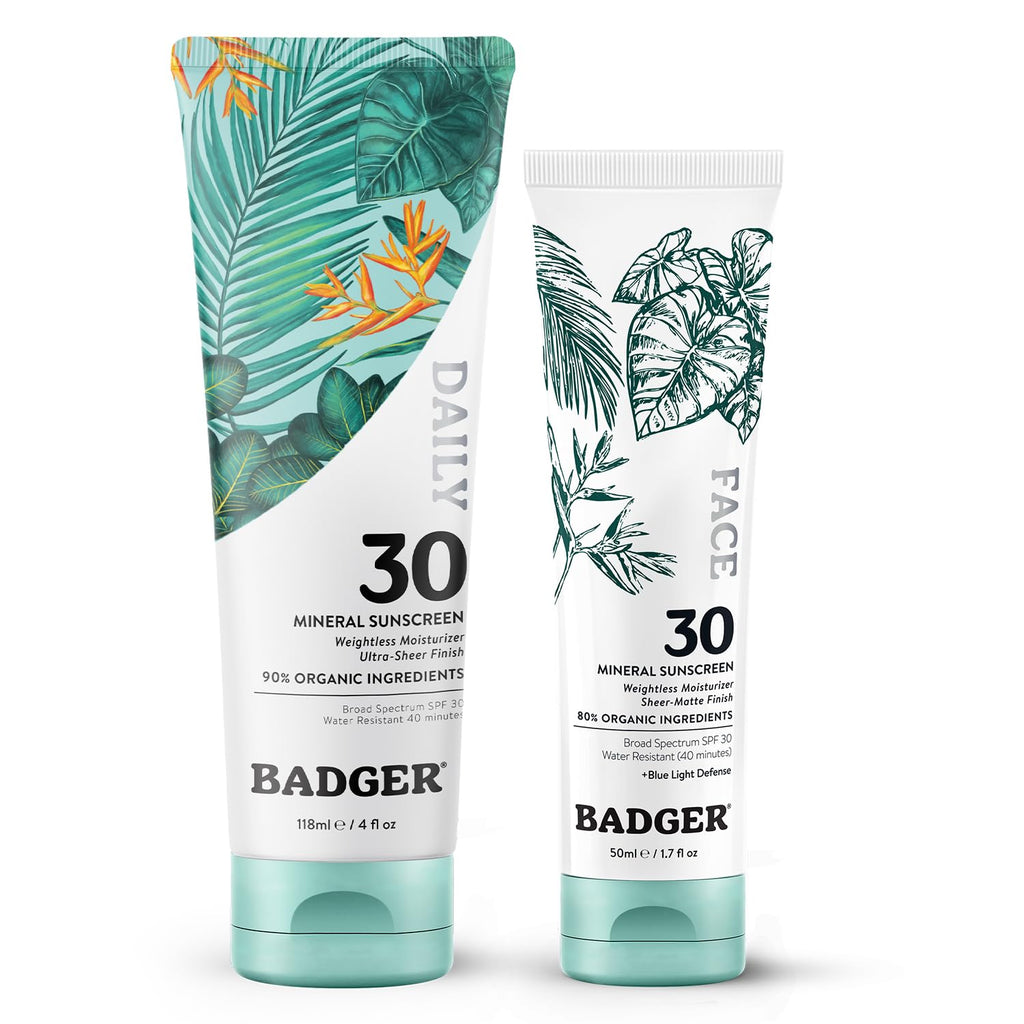 Badger Mineral Daily & Face Sunscreen SPF 30 — Lightweight Organic Mineral Sunscreen, Vegan & Unscented, 2-Pack