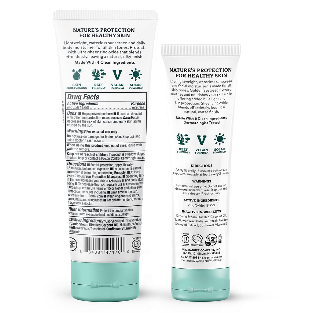 Badger Mineral Daily & Face Sunscreen SPF 30 — Lightweight Organic Mineral Sunscreen, Vegan & Unscented, 2-Pack
