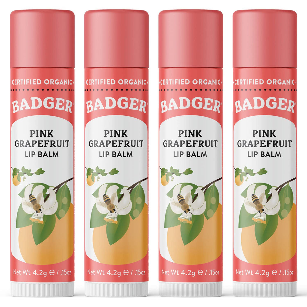 Badger Pink Grapefruit Lip Balm – 100% Organic, Long-Lasting Moisture, 4 Pack