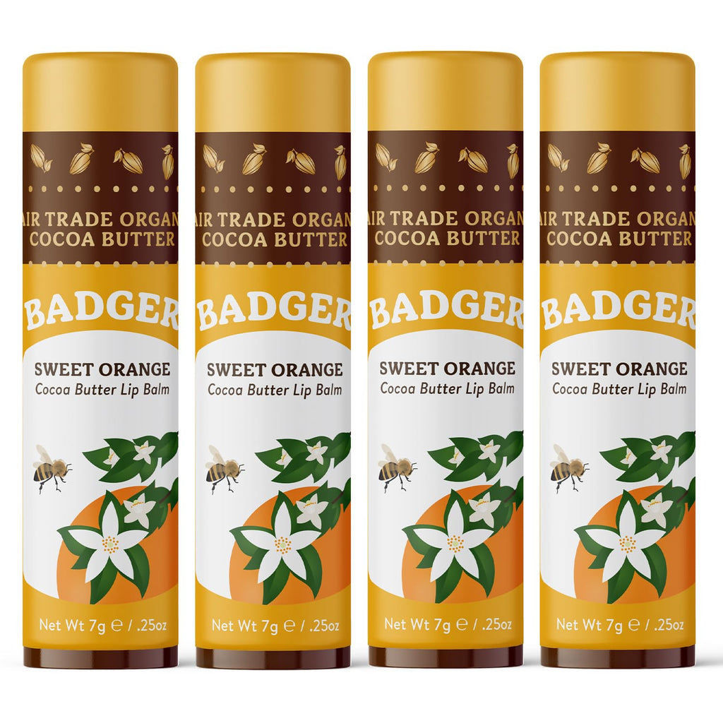 Badger Sweet Orange Cocoa Butter Lip Balm – 100% Organic, Long-Lasting Hydration (4-Pack)