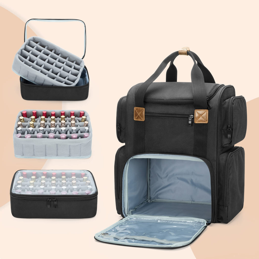 BAFASO Nail Polish Organizer Backpack – 70-Bottle Bottom Storage, Nail Lamp Slot, 2 Removable Pouches, Laptop Sleeve (Patented Design) – Black