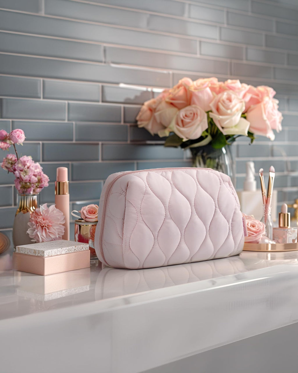 BAGSMART Makeup Bag — Puffy Padded Travel Cosmetic Organizer with Wide-Open Pink Pouch