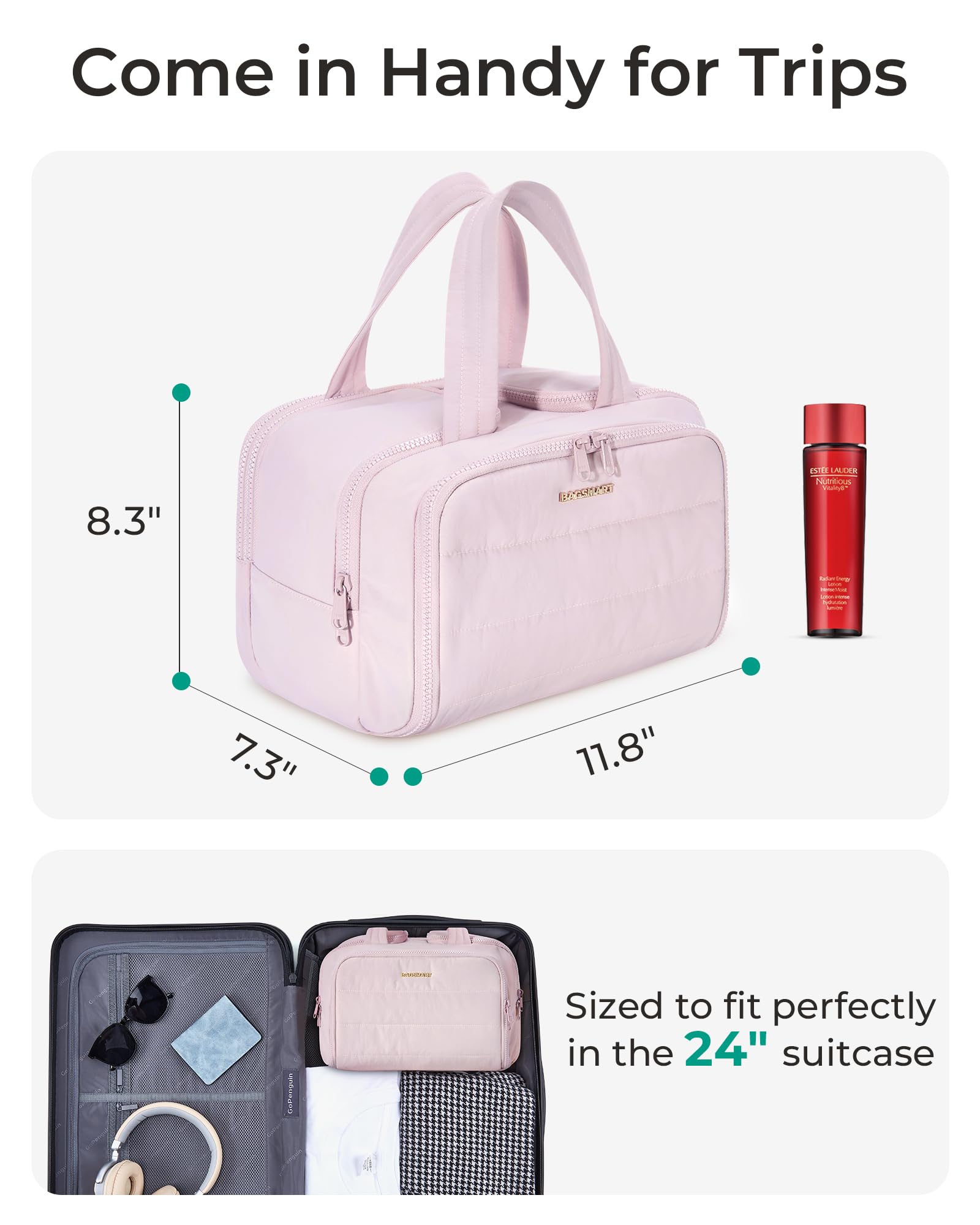 BAGSMART Travel Toiletry Bag for Women - Crush Puffy Pink, Large Capacity Cosmetic Organizer
