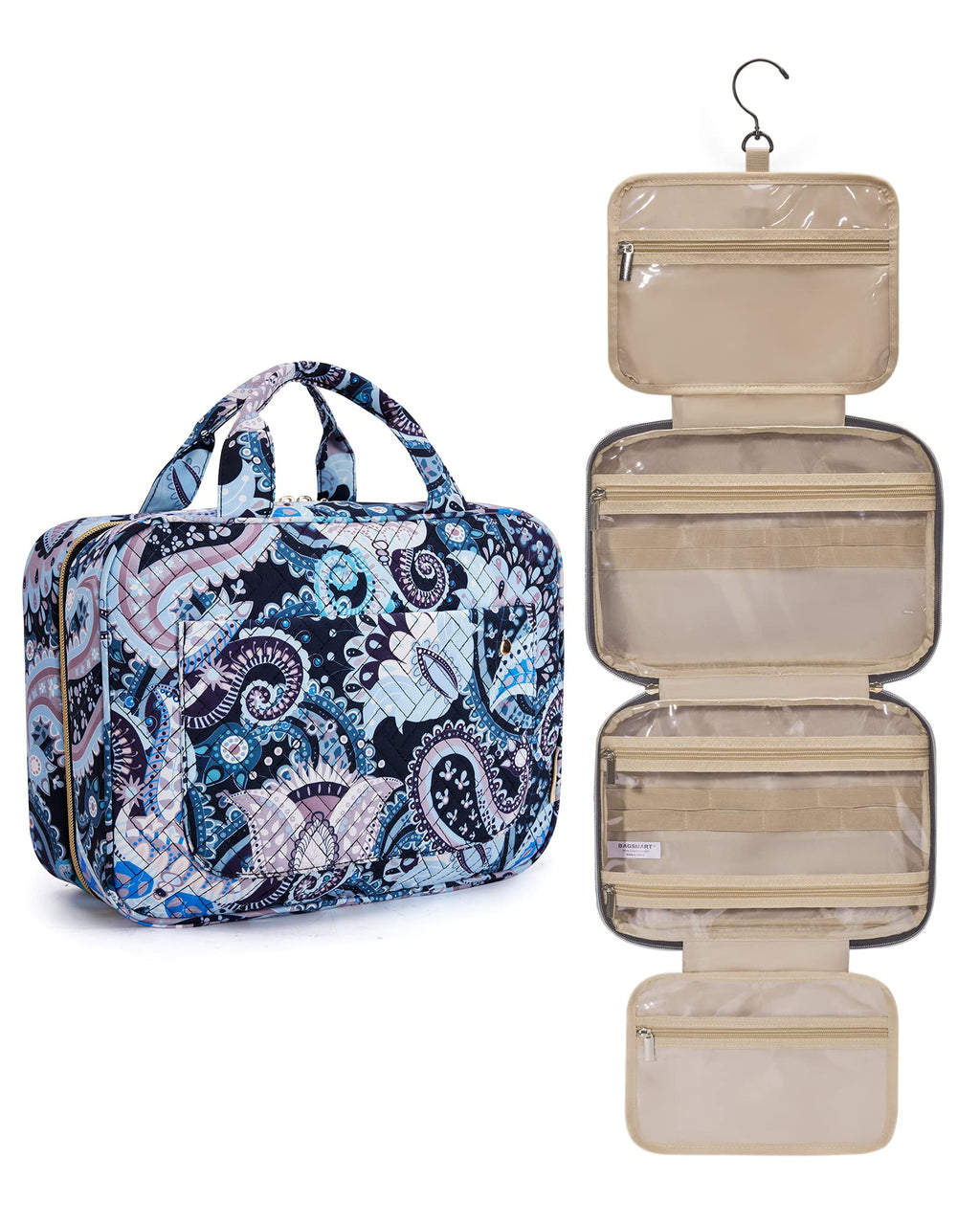 BAGSMART Toiletry Bag Large Blue Paisley – Hanging Hook, Water-Resistant Travel Organizer