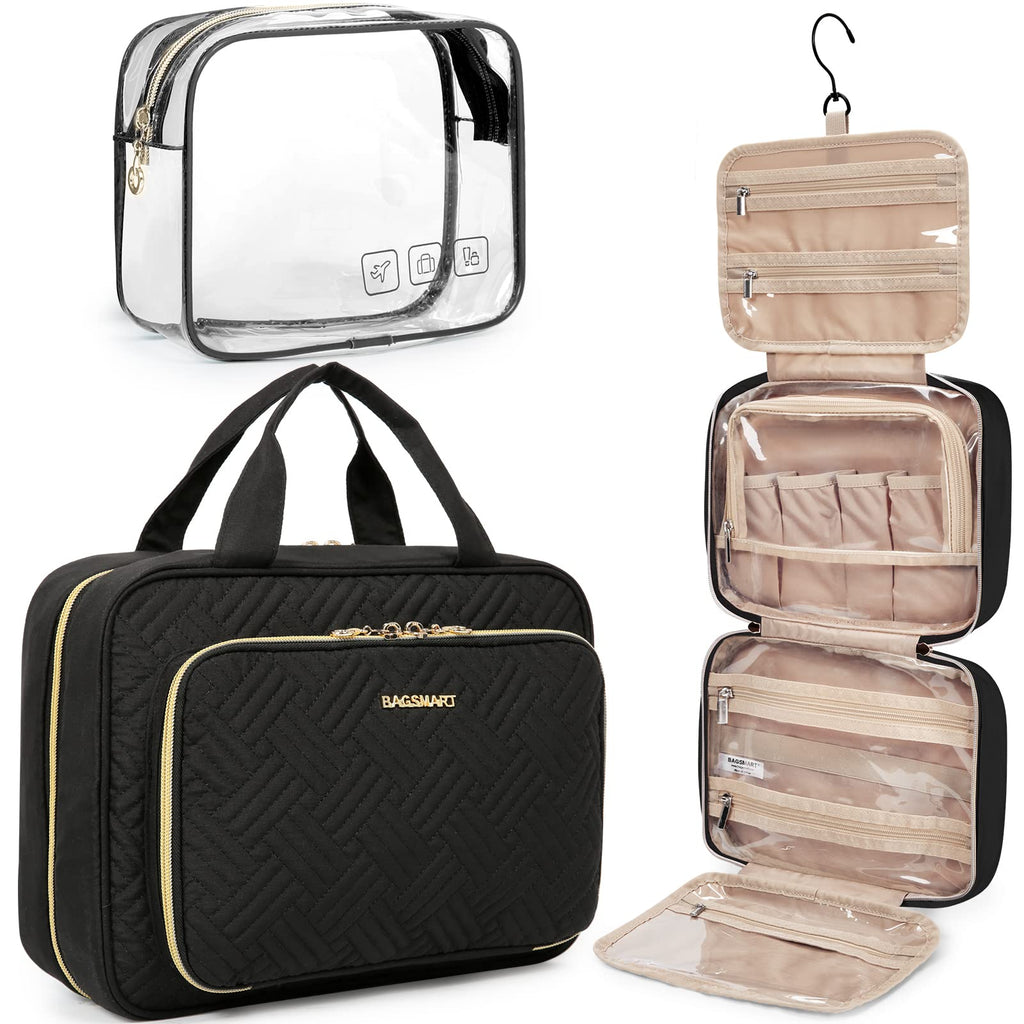 BagSmart Hanging Toiletry Bag & TSA-Approved Transparent Cosmetic Bag | Large Travel Organizer (Black)