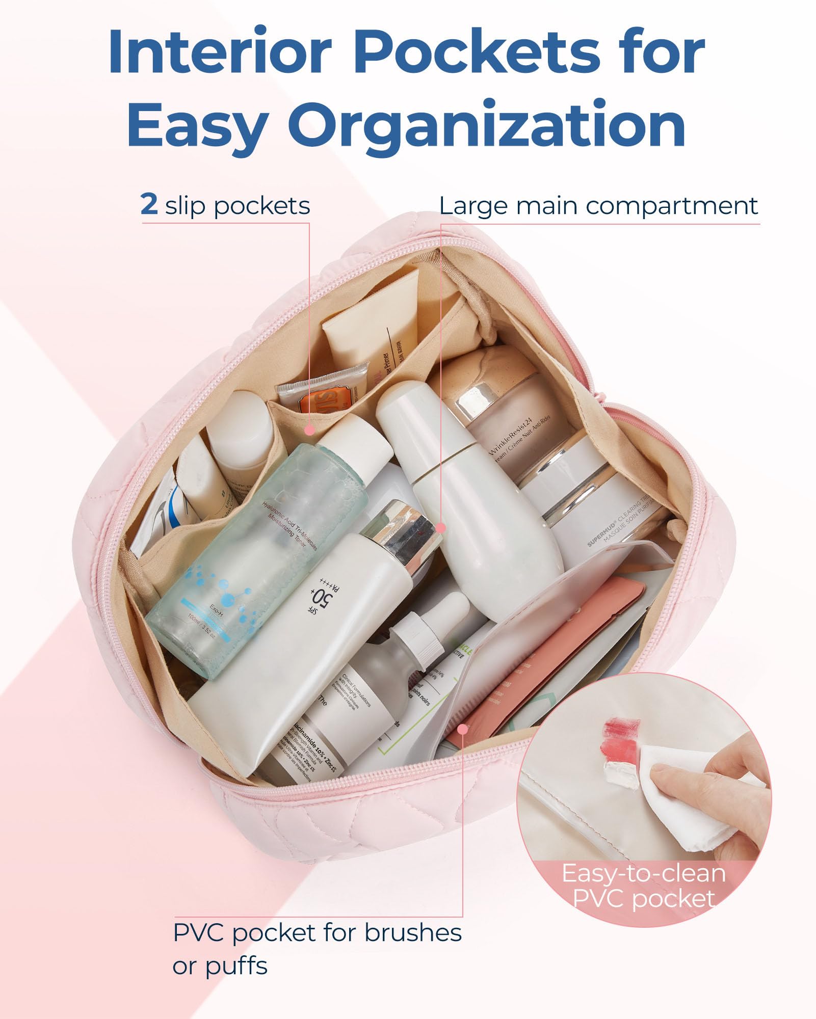 BAGSMART Makeup Bag — Puffy Padded Travel Cosmetic Organizer with Wide-Open Pink Pouch