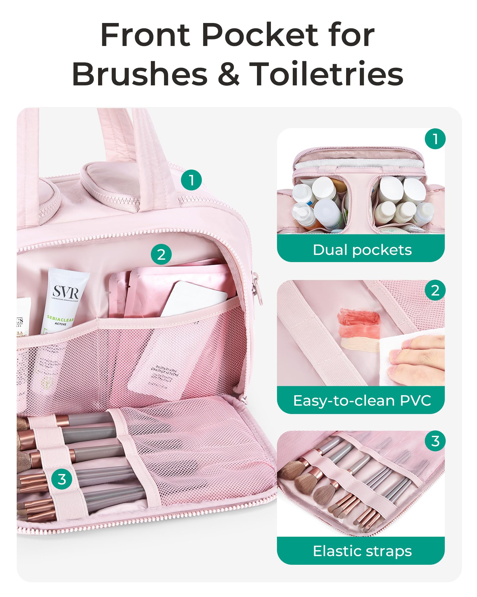 BAGSMART Travel Toiletry Bag for Women - Crush Puffy Pink, Large Capacity Cosmetic Organizer