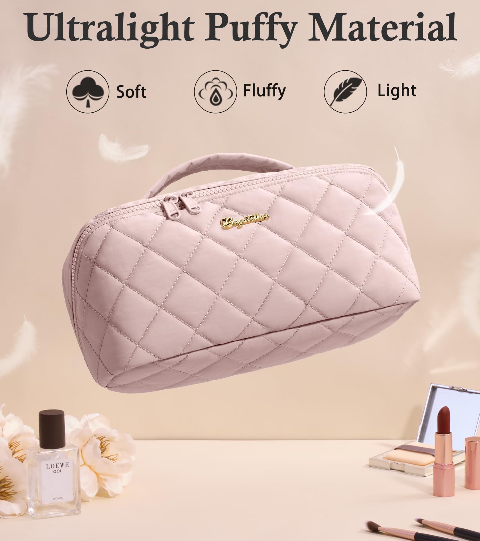 Bagstellar Travel Makeup Bag 3-Piece Set | Large Capacity Puffy Toiletry Organizer M-Oatmeal