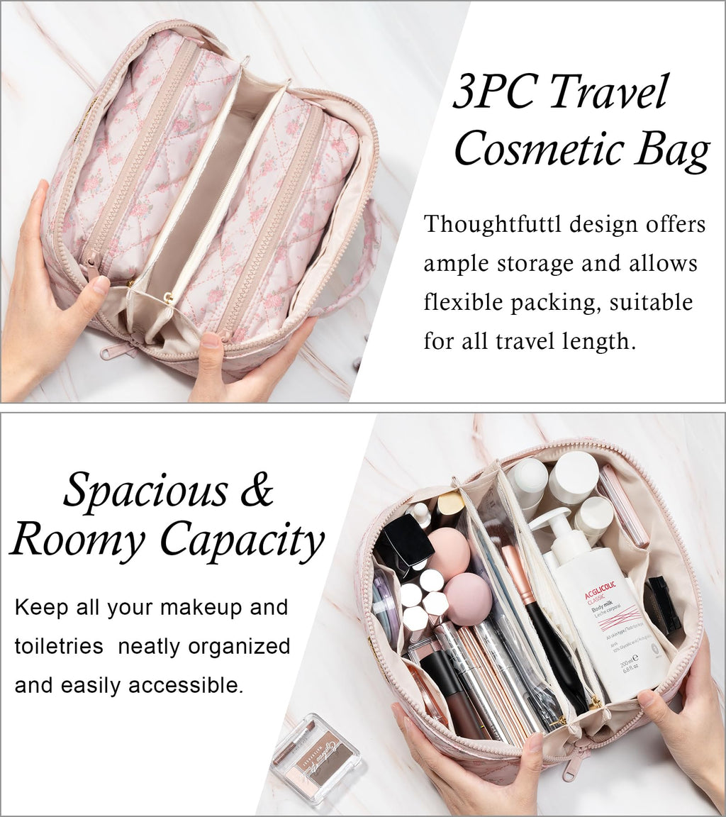Bagstellar Travel Makeup Bag Set — 3 Pcs Large Capacity, Open Flat, Water-Resistant, Blue Floral