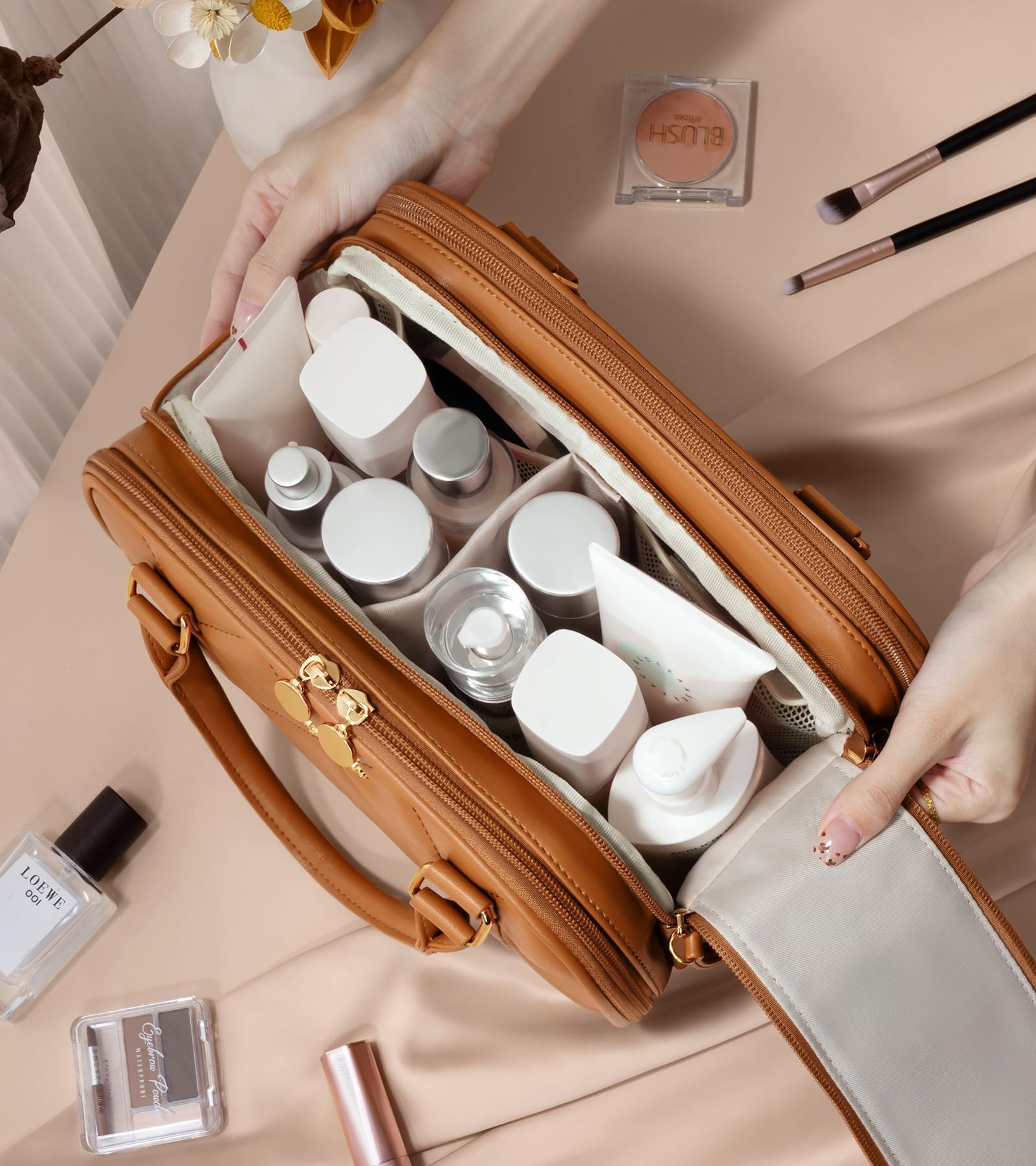Bagstellar Travel Makeup Bag – Large Quilted Organizer in Camel