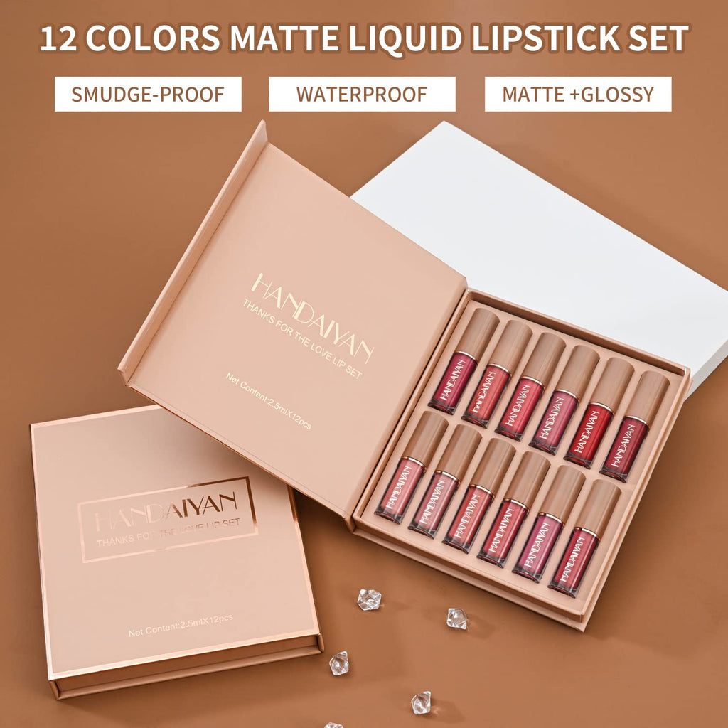 BAISEN DIARY 12 Colors Lipstick Set – Velvet Matte Liquid Lipstick Gift Box (Set B)