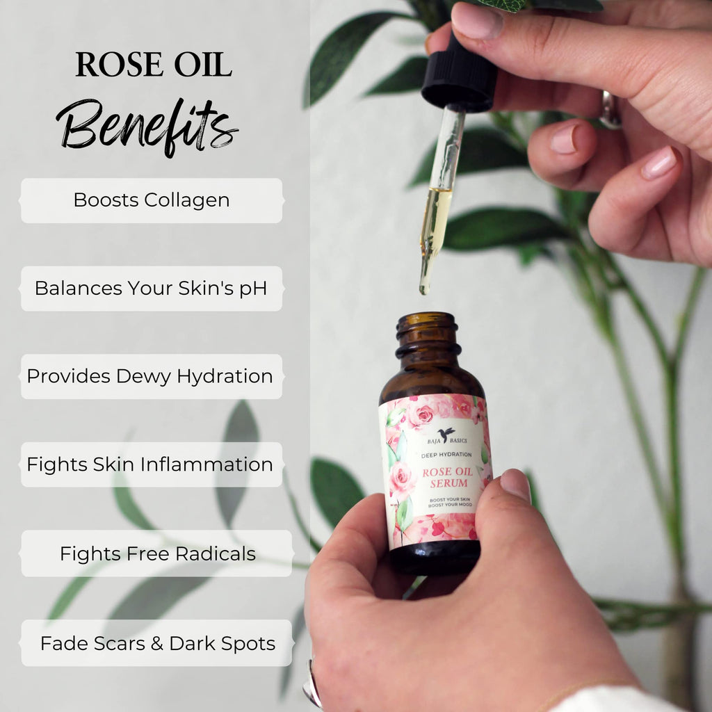Baja Basics Rose Oil for Face, Hair & Nails – Rose Essential Oil Serum, 1 oz