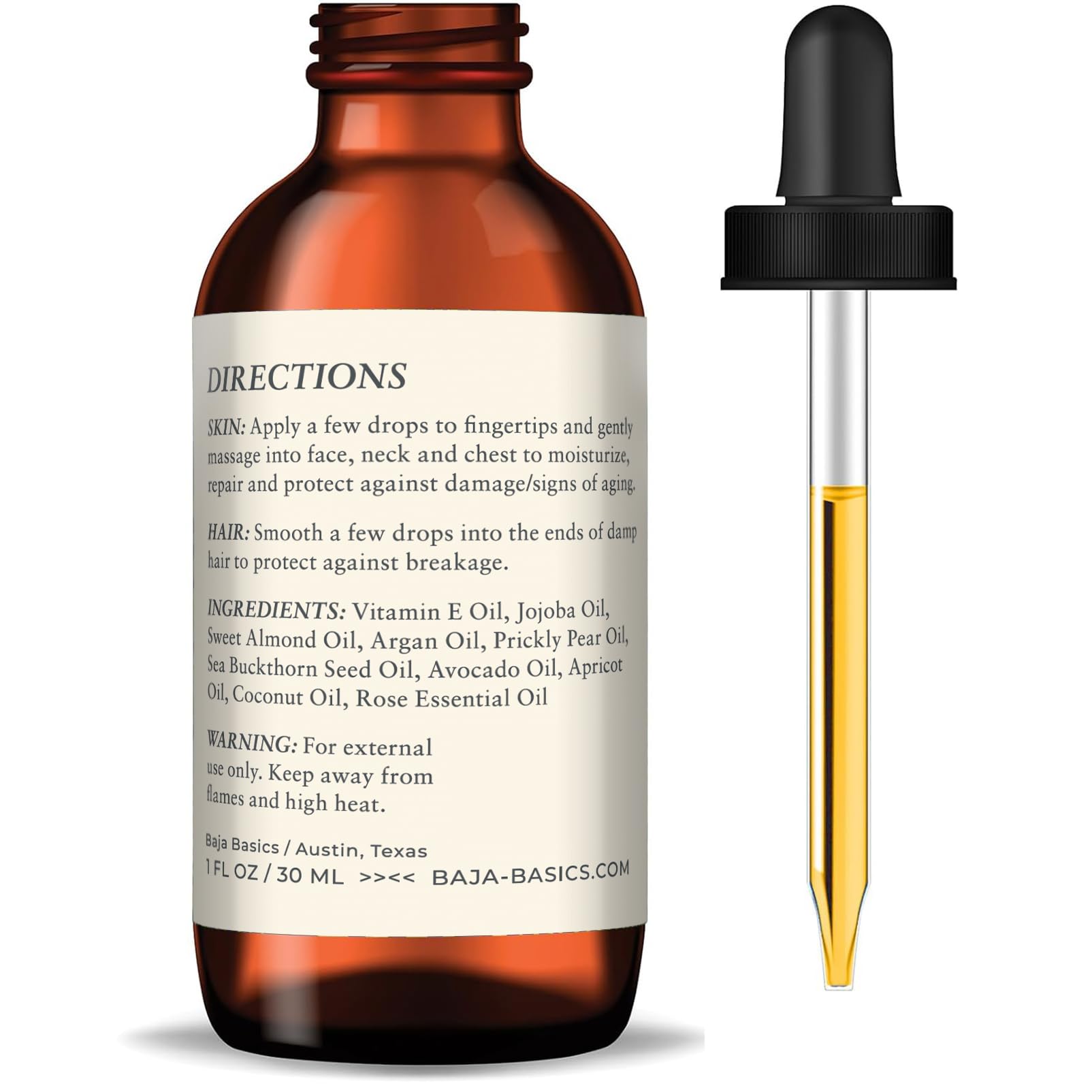 Baja Basics Rose Oil for Face, Hair & Nails – Rose Essential Oil Serum, 1 oz