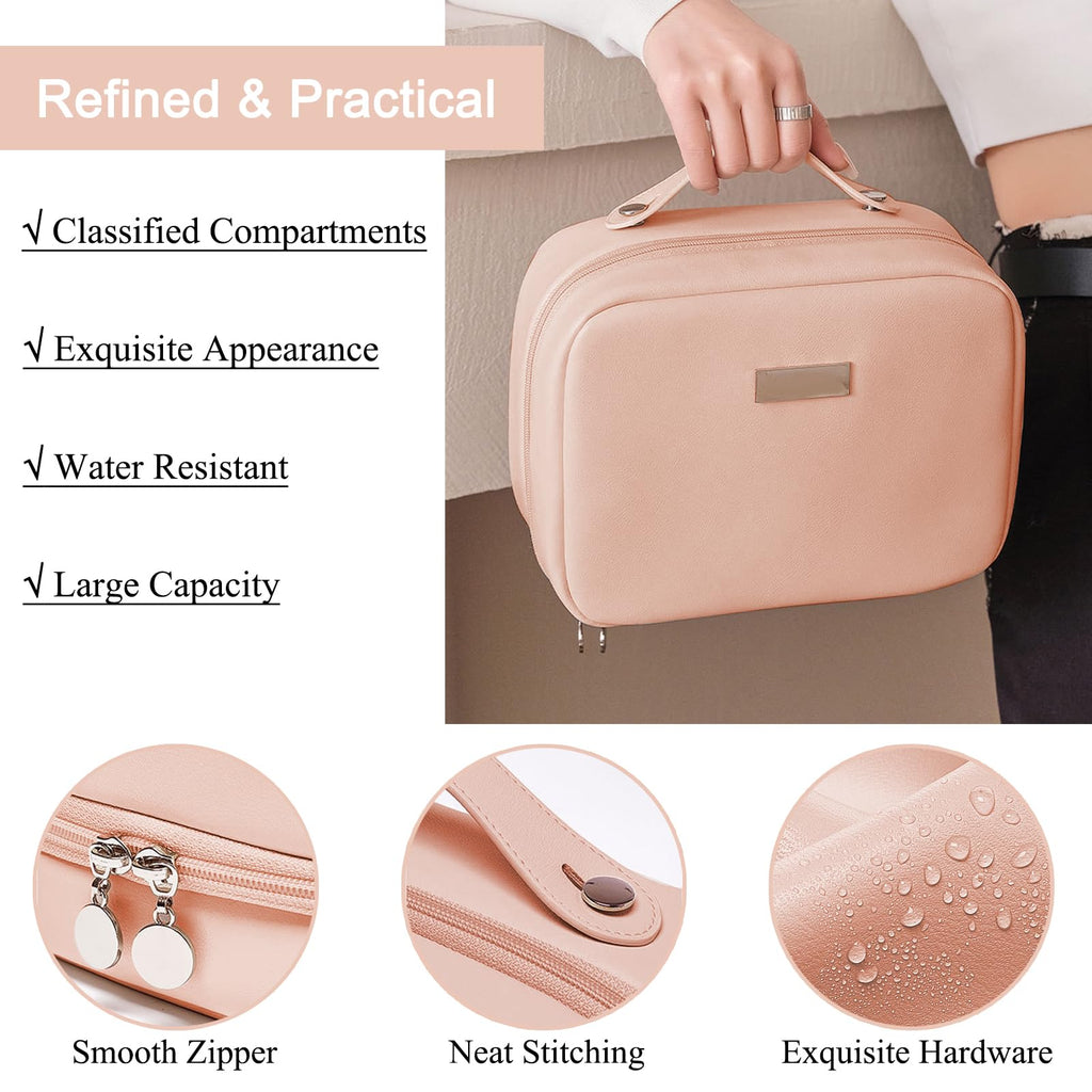 BAKLUCK Travel Makeup Bag – Large Capacity Transparent Double-Sided Organizer with Brush Compartment | PU Waterproof Leather, Pink