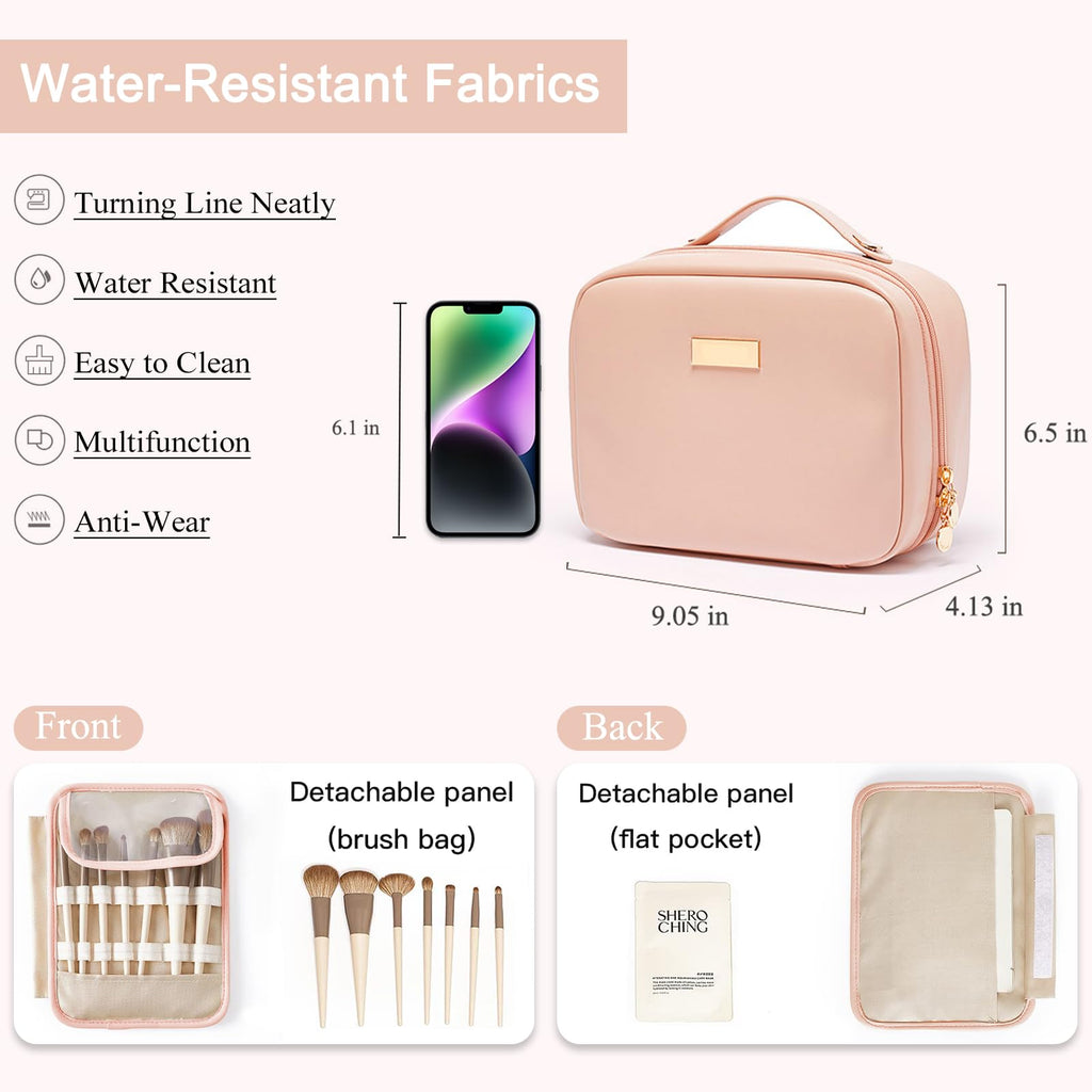 BAKLUCK Travel Makeup Bag – Large Capacity Transparent Double-Sided Organizer with Brush Compartment | PU Waterproof Leather, Pink