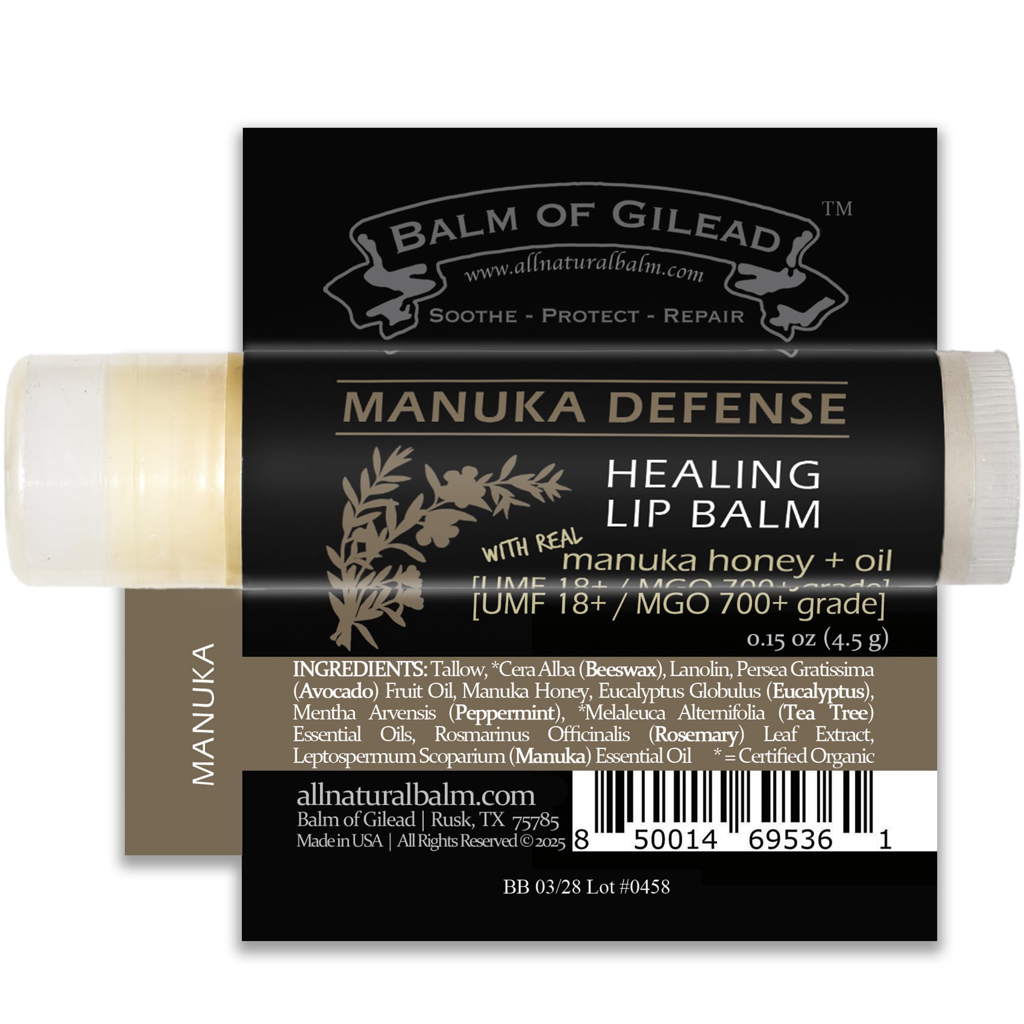 BALM OF GILEAD Manuka Defense Lip Balm – Intensive Moisture Therapy, 0.15 oz x4