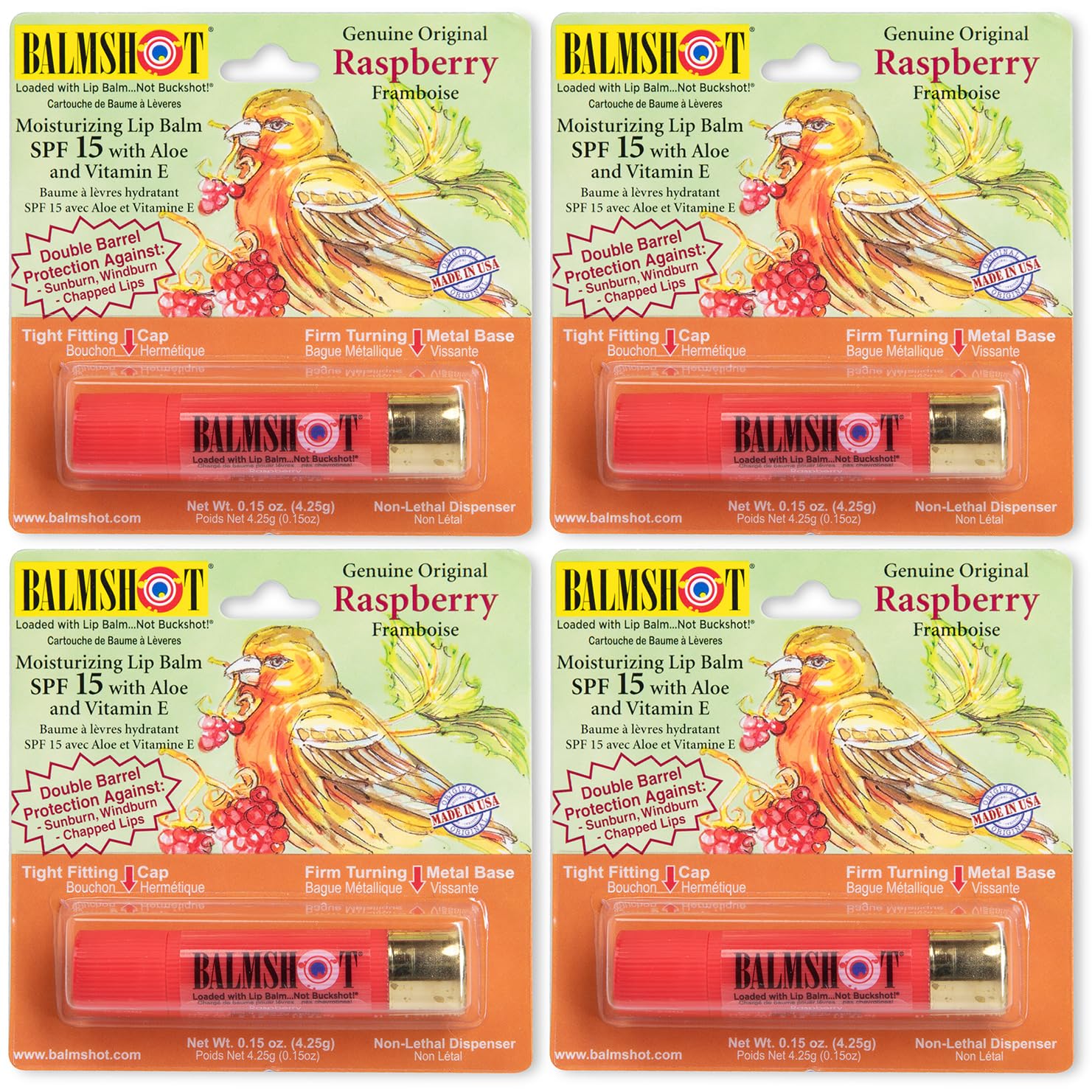 BALMSHOT Lip Balm 4 Pack (Raspberry) – Hydration, SPF 15, USA-Made
