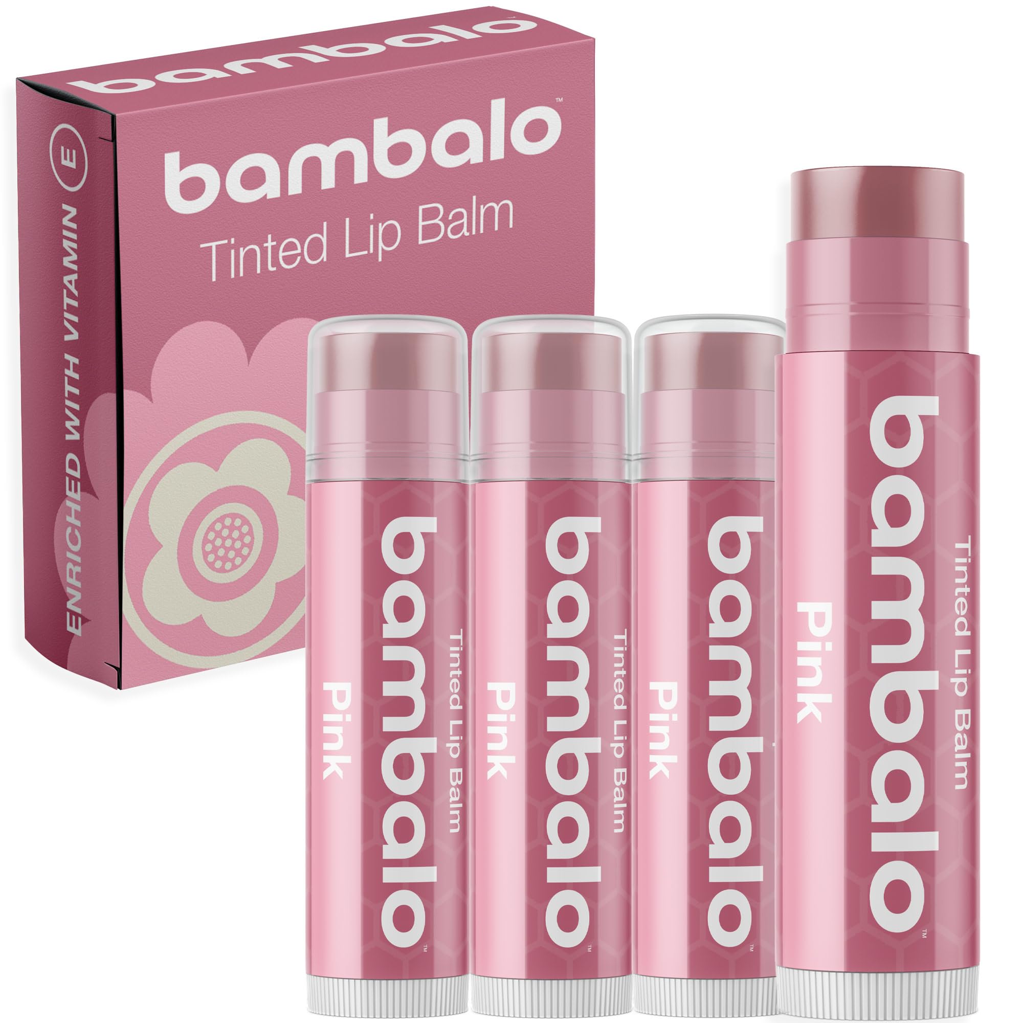Bambalo Pink Tinted Lip Balm 4-Pack – Hydrating Natural Lip Care, Soft Rosy Tint – Made in USA