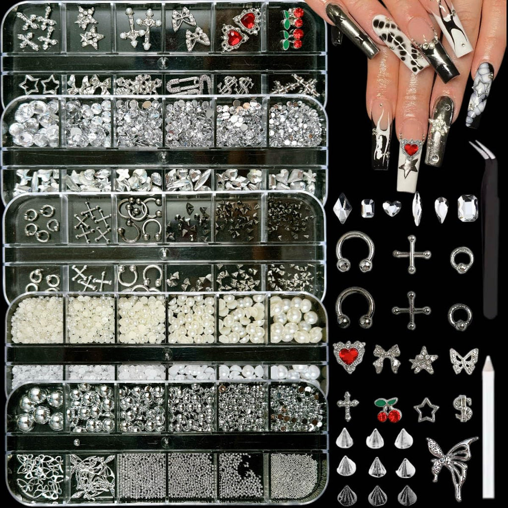 BANA ART Silver Nail Charms Y2K Kit – 5 Boxes of 3D Charms, Pearls, Rhinestones & Rivets