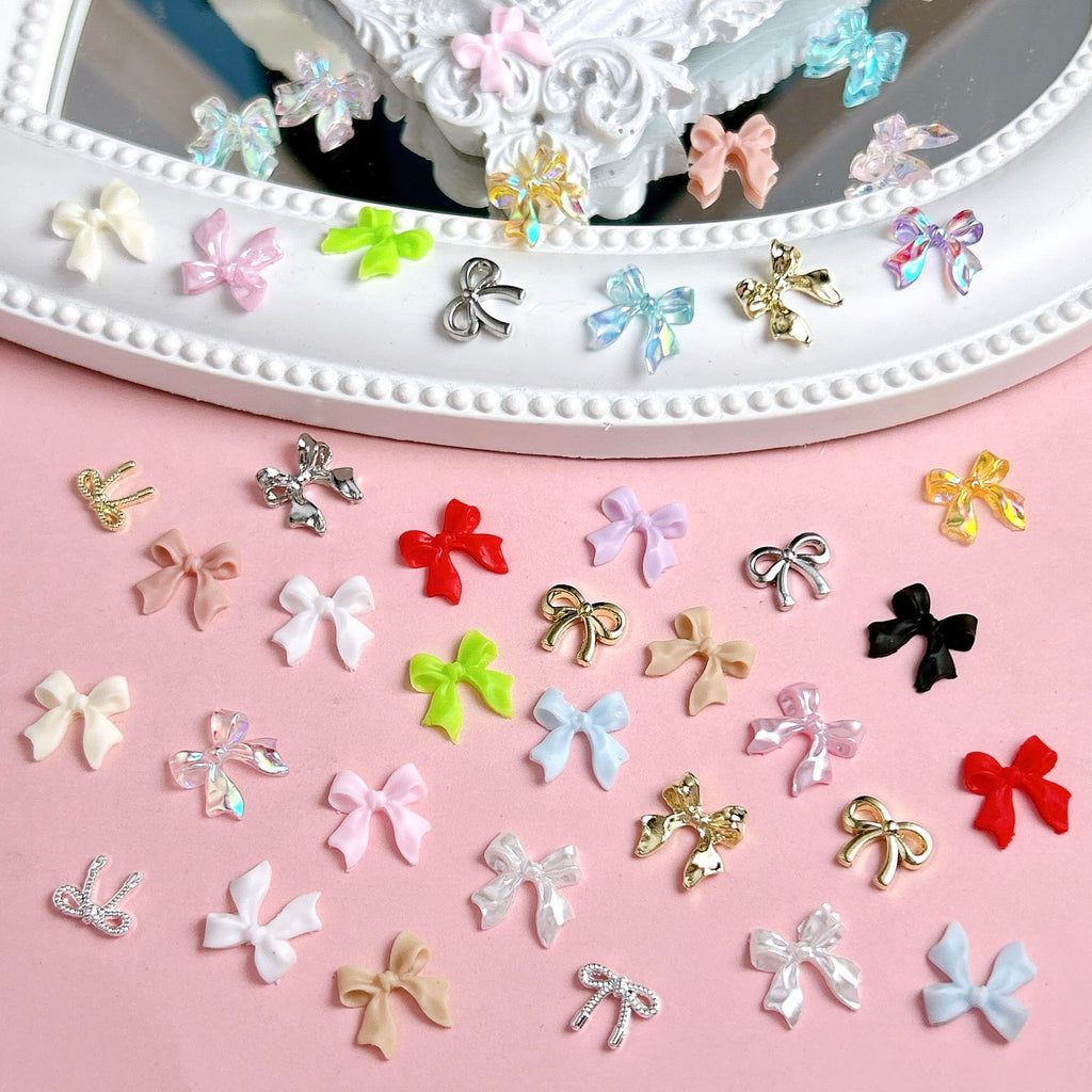 BANA ART Kawaii Color Bow Nail Charms Kit – 3D Gold & Silver Bows for Nails