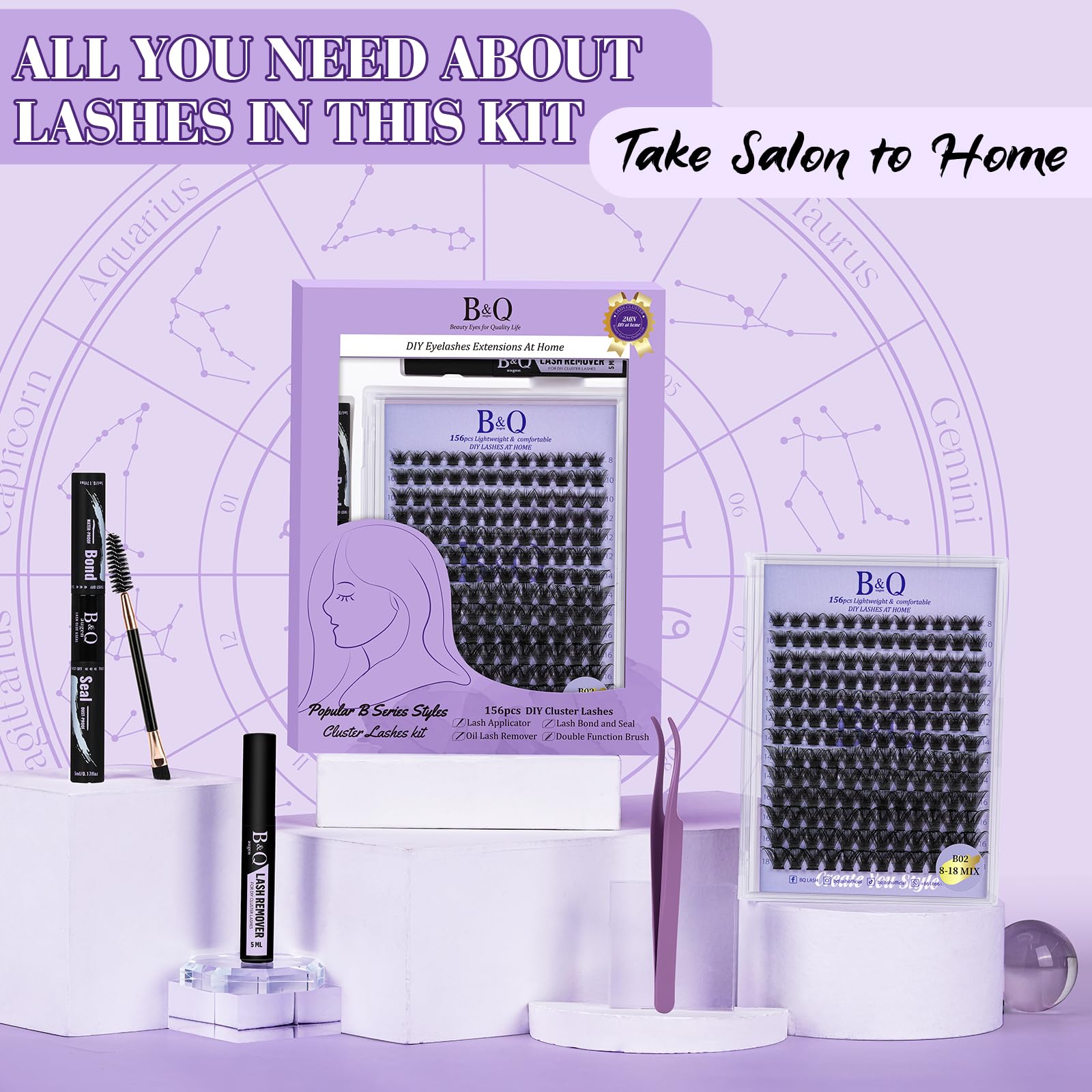 BandQaugen B02 Wispy Lash Clusters Kit – 156Pcs DIY Lash Extensions, D Curl 8-18mm