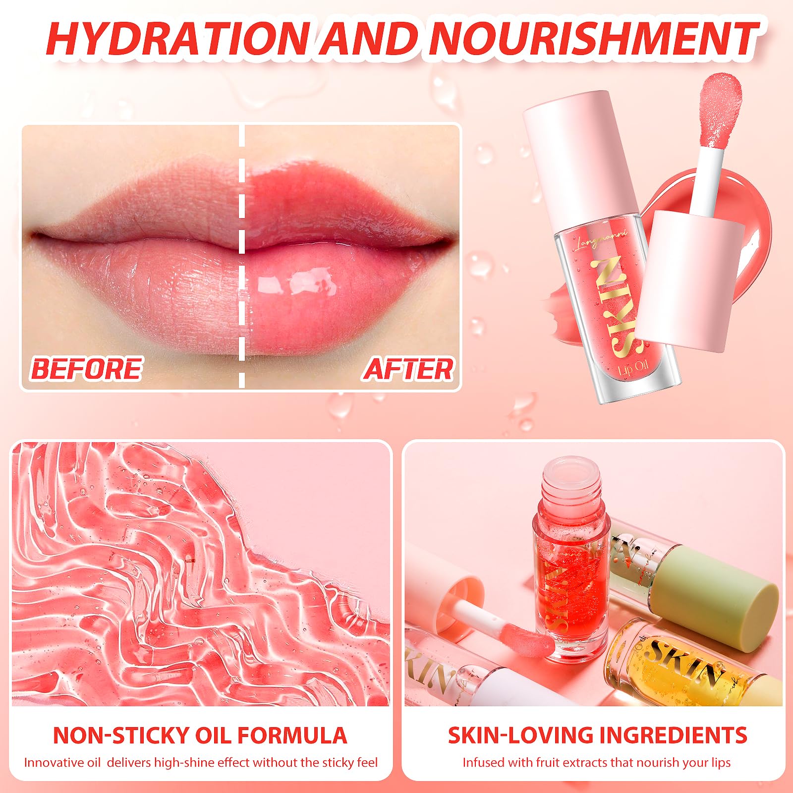 BANGFENG 2Pack Lip Oil – Non-Sticky Hydrating Glossy Lip Gloss (Strawberry + Coconut)
