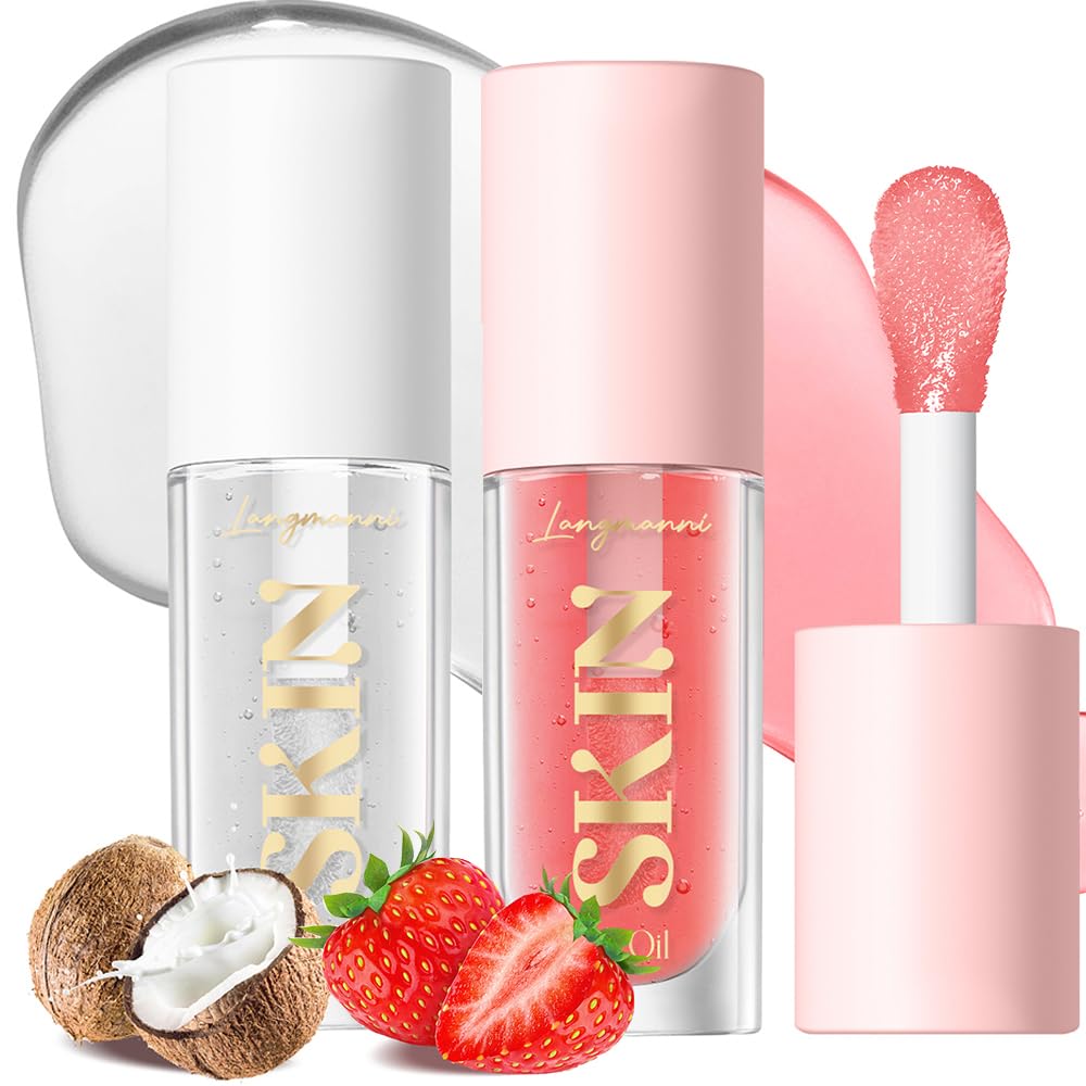 BANGFENG 2Pack Lip Oil – Non-Sticky Hydrating Glossy Lip Gloss (Strawberry + Coconut)