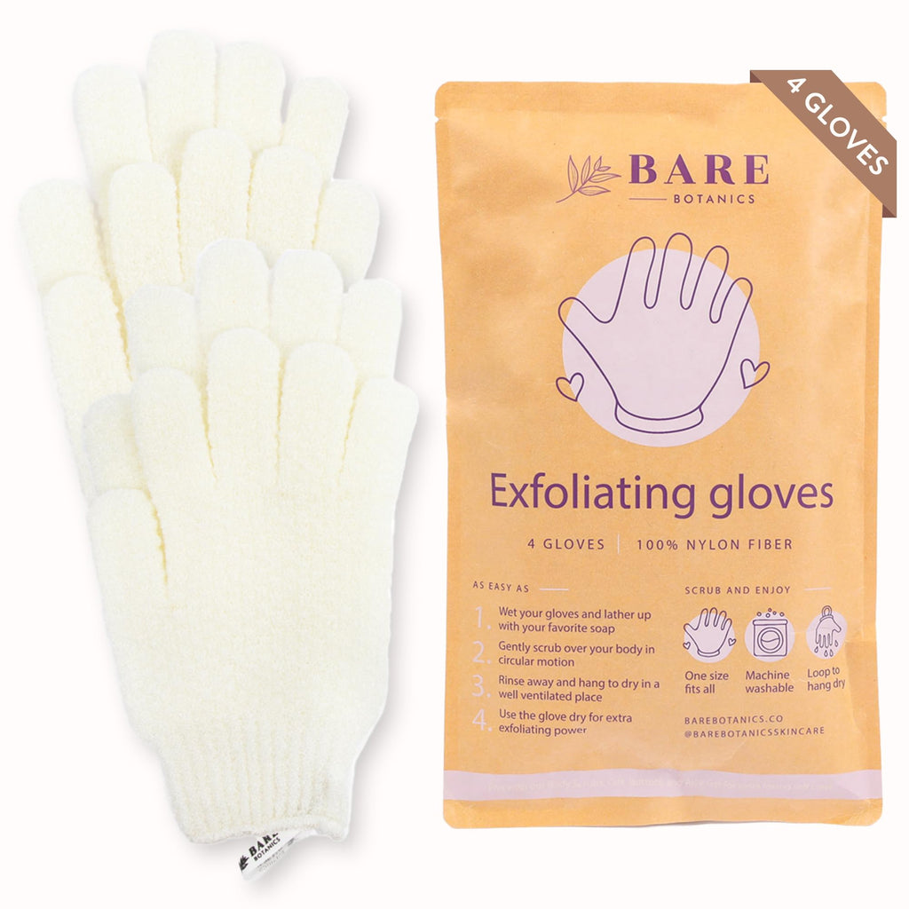 Bare Botanics 4-Pack White Exfoliating Gloves for Shower | Deep Nylon Fiber Body Scrubbers