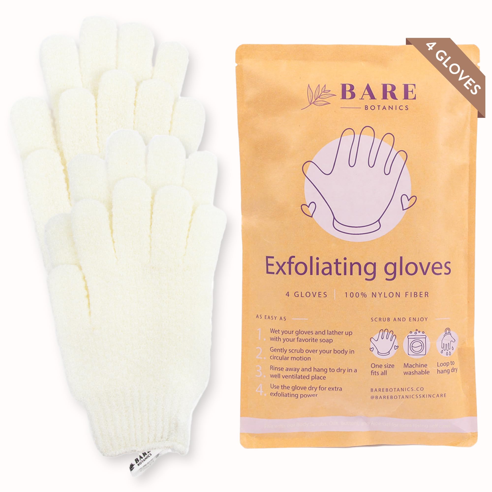 Bare Botanics 4-Pack White Exfoliating Gloves for Shower | Deep Nylon Fiber Body Scrubbers