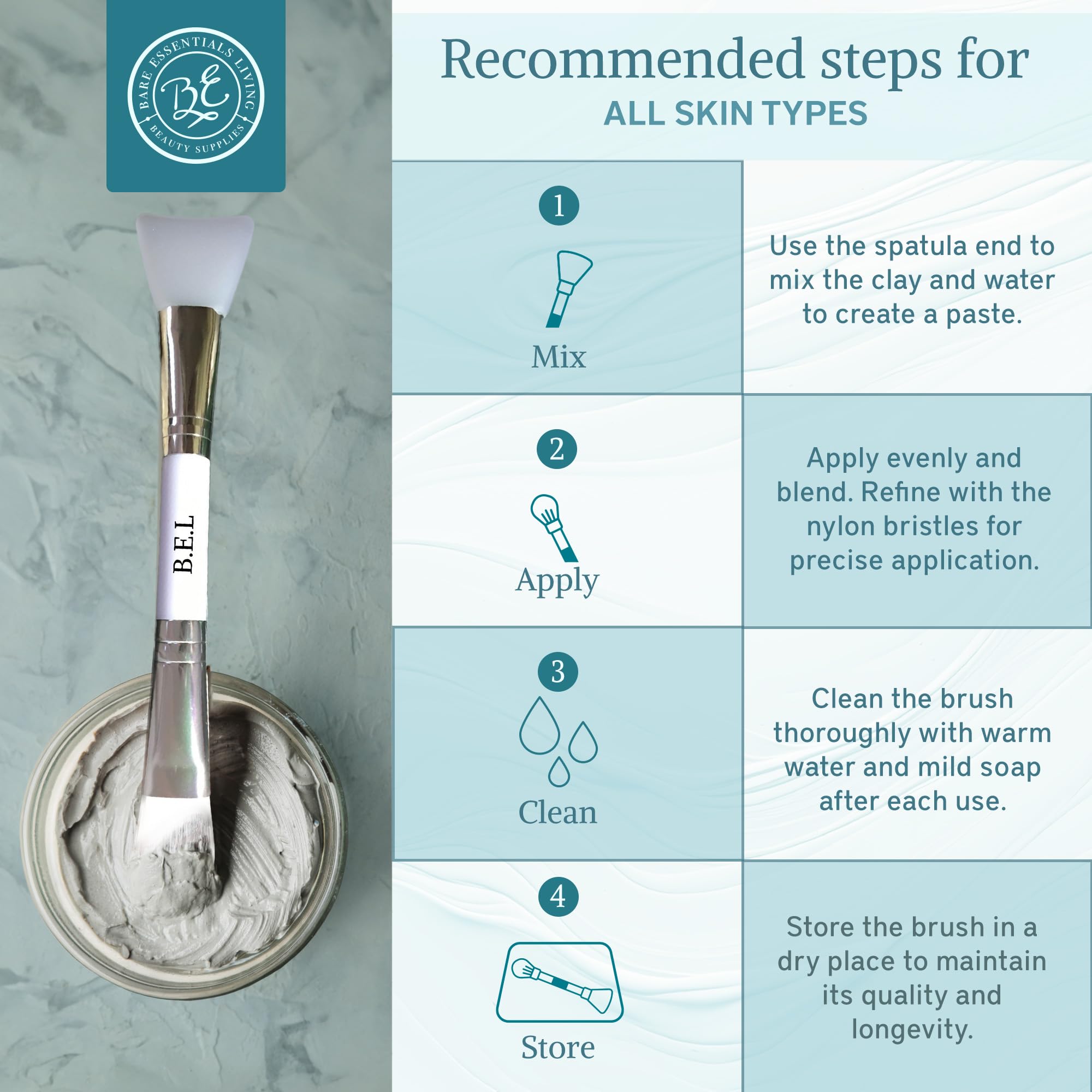 Bare Essentials Living Clay Face Mask Brush (10 Pack, White) – Dual-Sided Nylon & Silicone Applicator for Masks, Creams & Makeup