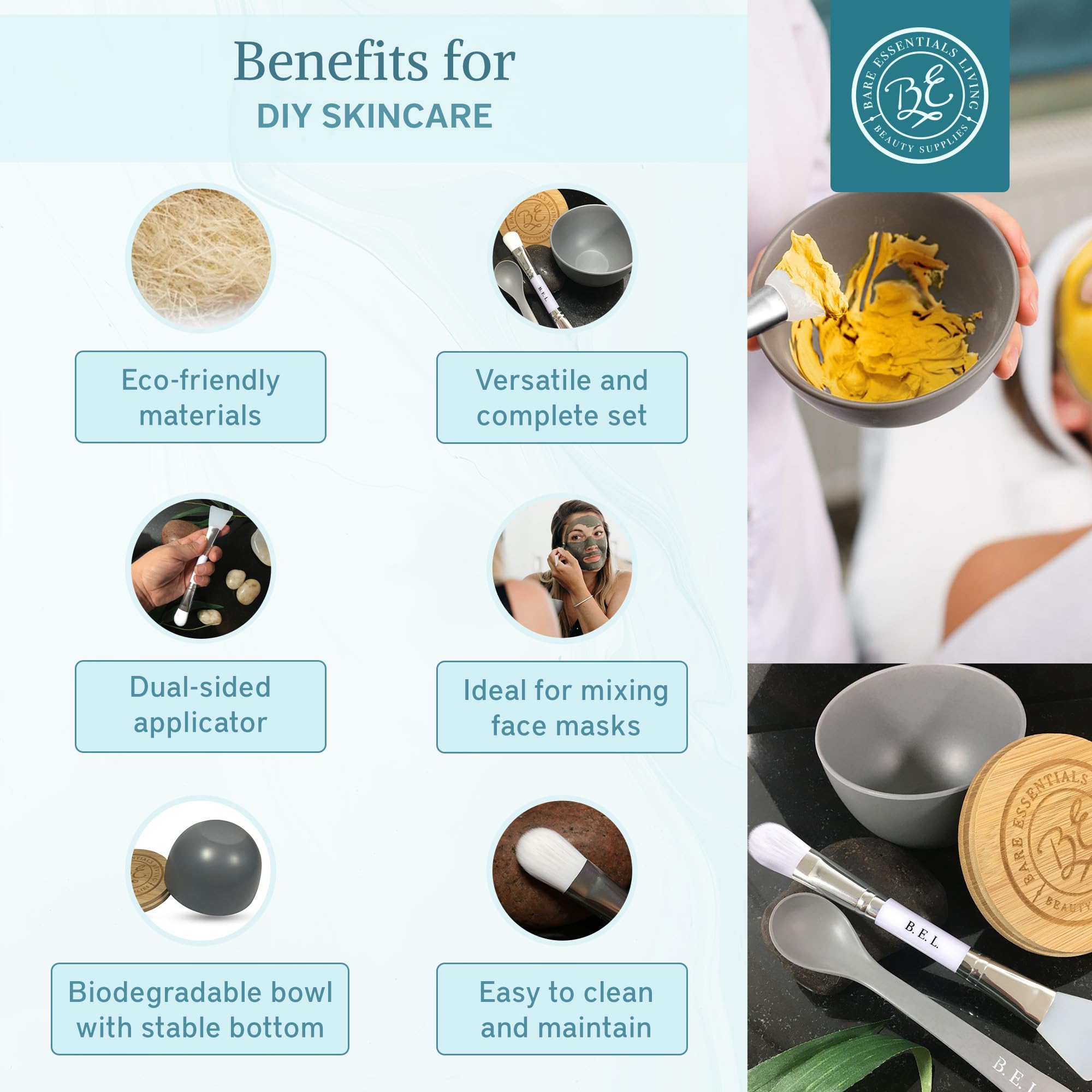 Bare Essentials Living - Clay Face Mask Mixing Bowl Set with Bamboo Lid, Spoon & Dual-Sided Brush
