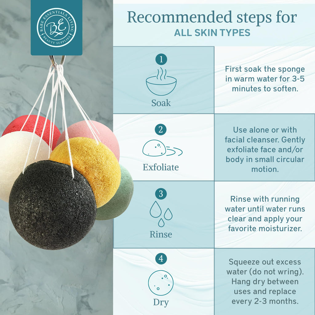 Bare Essentials Living Konjac Sponge Set (12 Pack) – Activated Charcoal & Natural Exfoliating Sponges