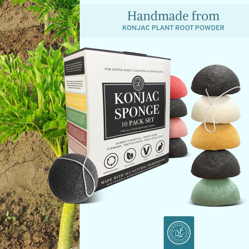 Bare Essentials Living Konjac Sponges Set – 10 Pack with Activated Bamboo Charcoal
