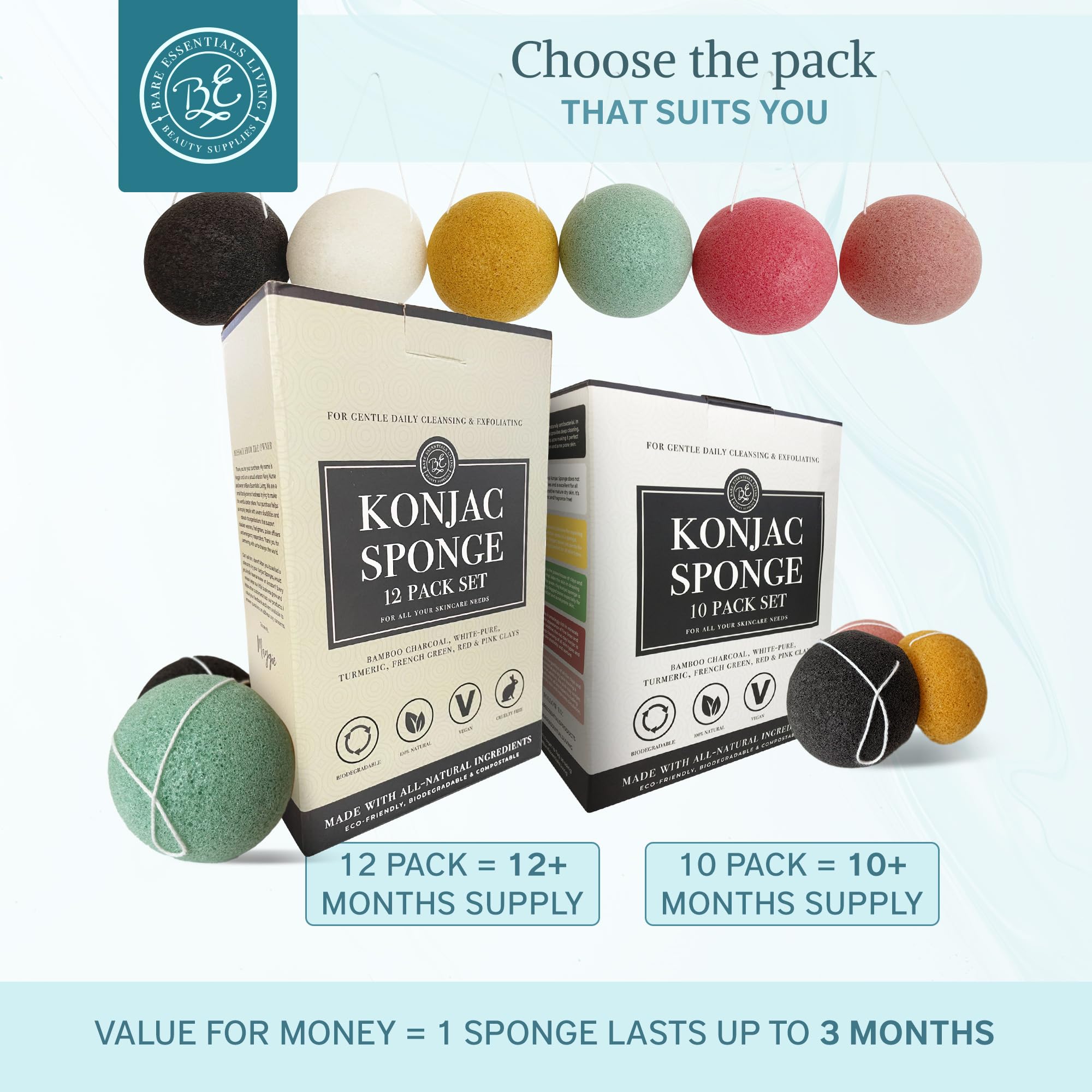 Bare Essentials Living Konjac Sponges Set – 10 Pack with Activated Bamboo Charcoal