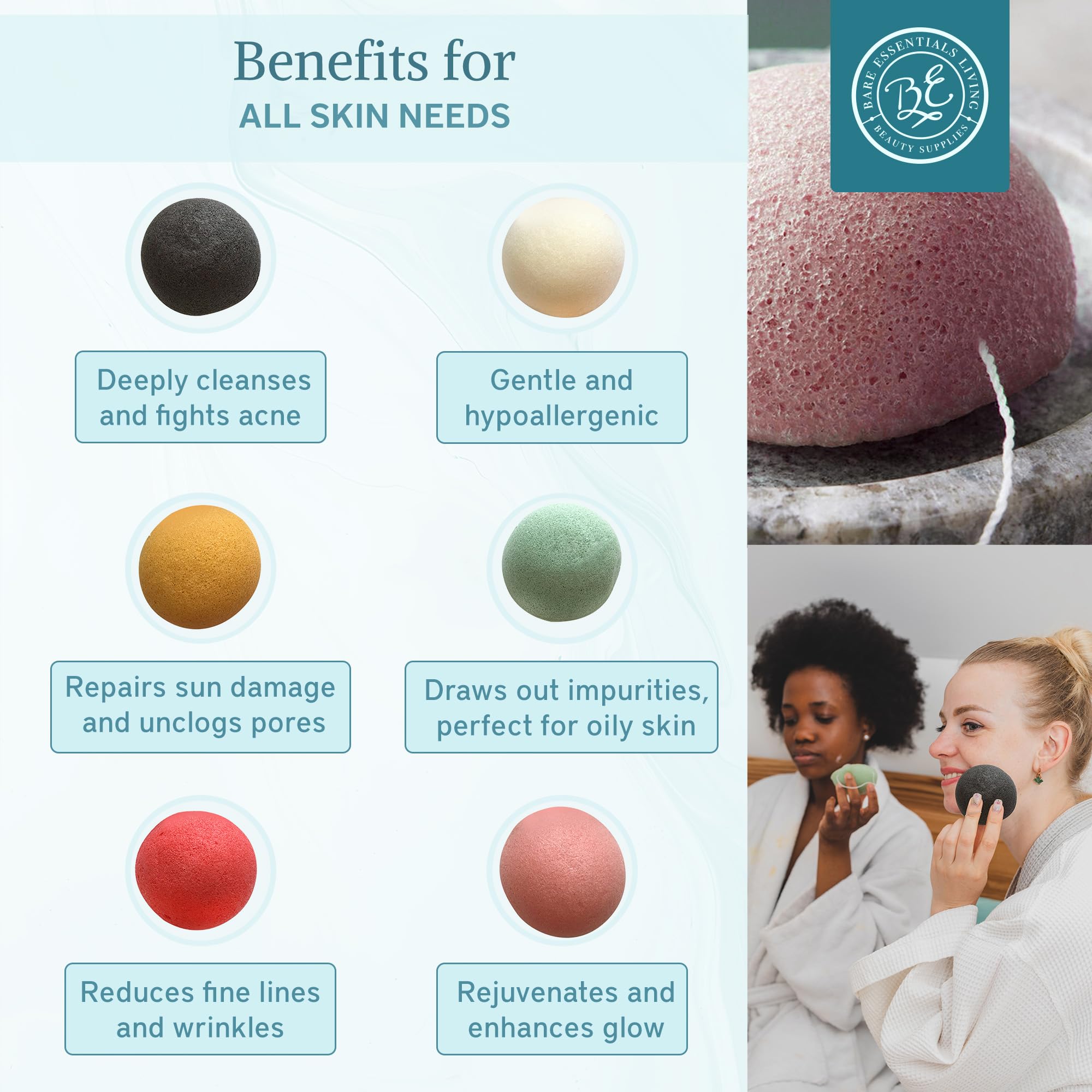 Bare Essentials Living Konjac Sponges Set – 10 Pack with Activated Bamboo Charcoal