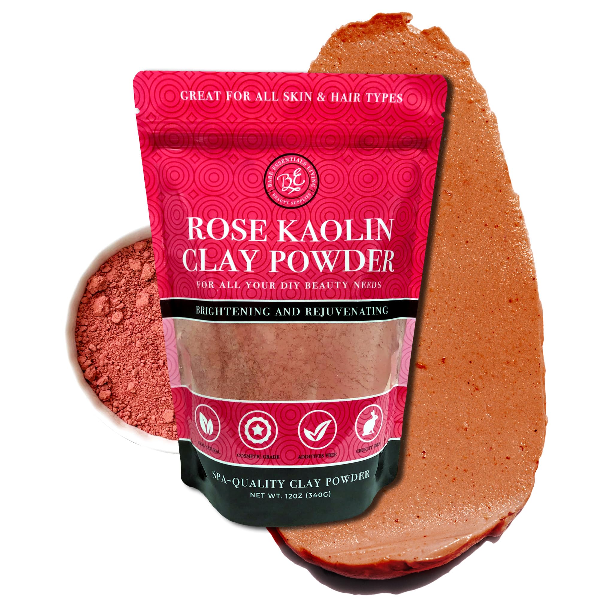 Bare Essentials Living Pink Kaolin Clay Rose Powder (12 oz) – 100% Natural Pink Clay for DIY Masks, Soaps, Bath & Colorants
