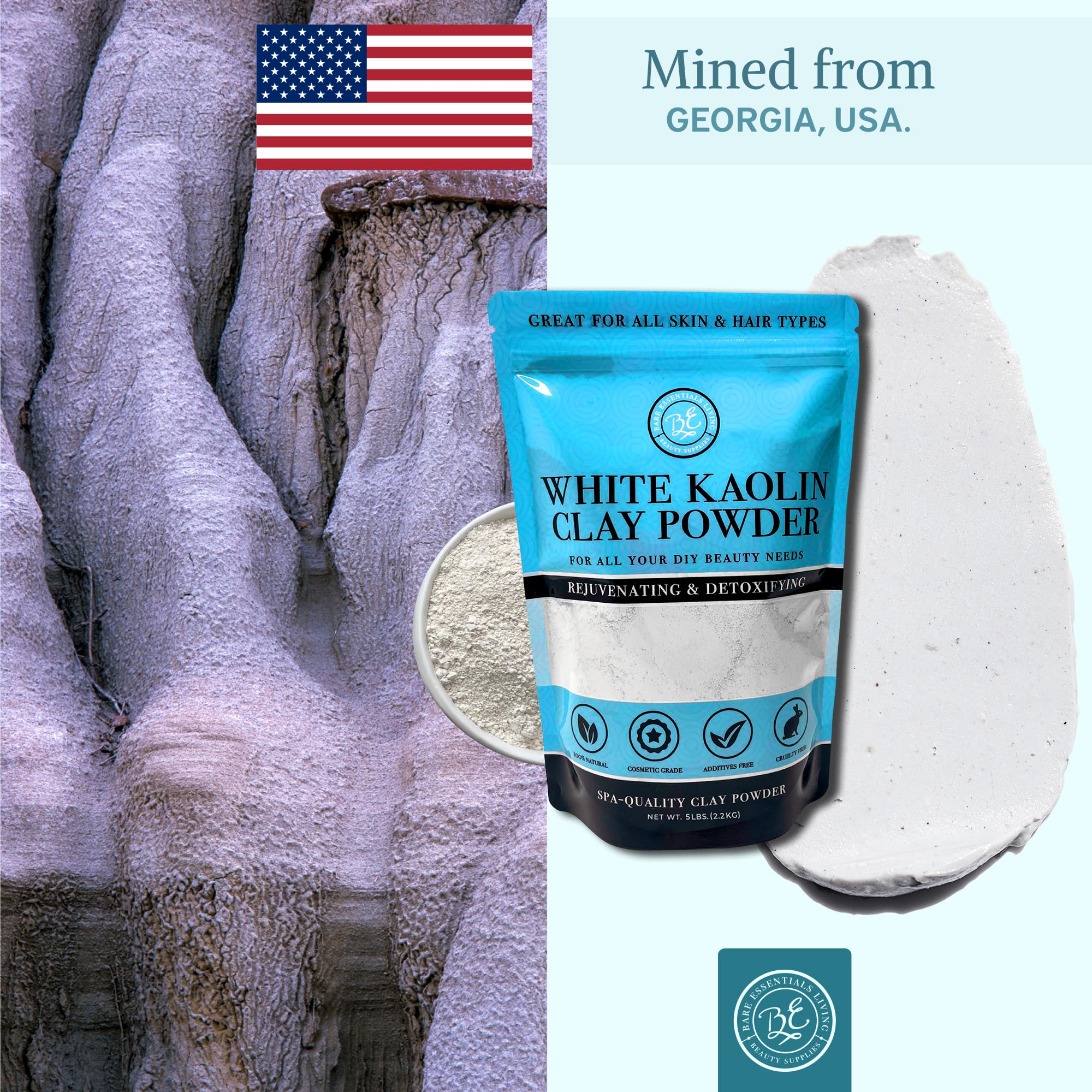 Bare Essentials Living White Kaolin Clay Powder (5 lb) – Natural DIY Cosmetic Clay for Masks, Soap, Bath Bombs, and Gardening