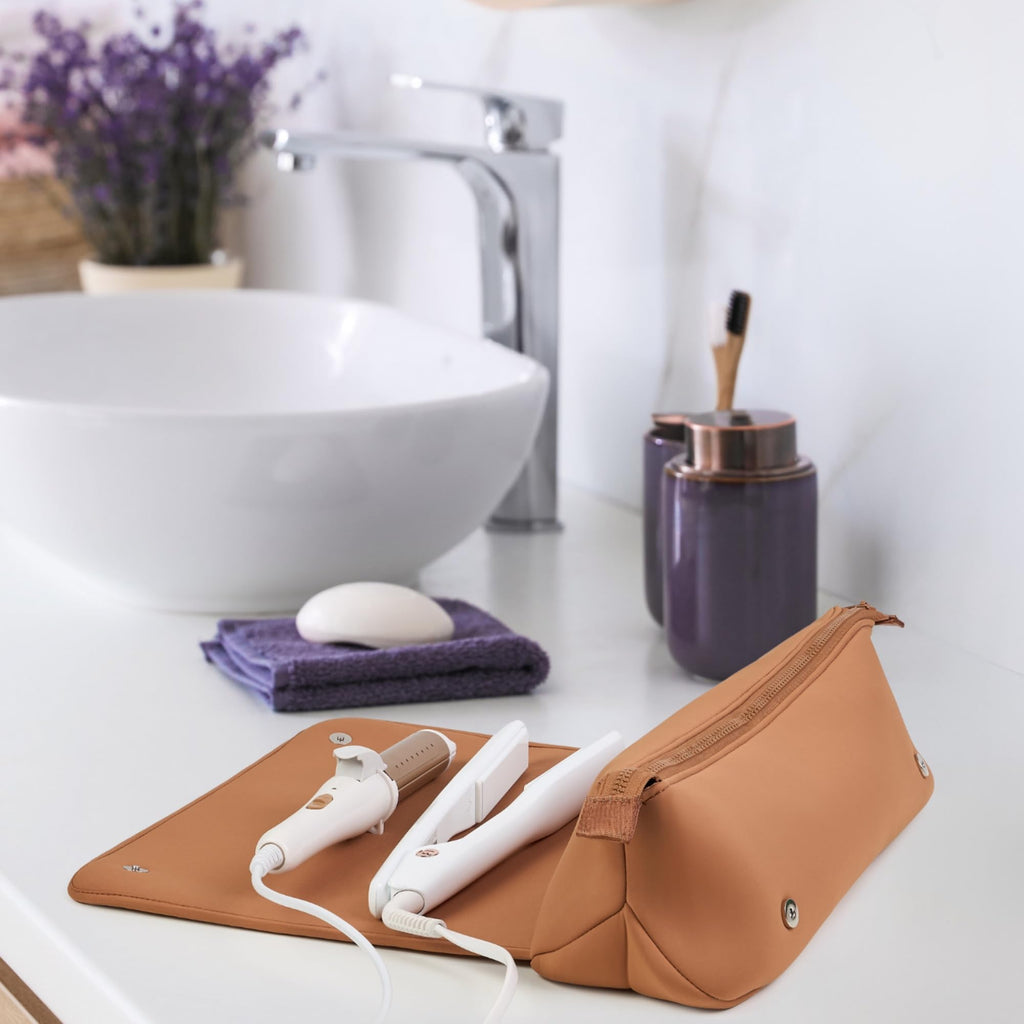 BAREFOOT CARIBOU Hair Tools Travel Bag & Heat-Resistant Mat | 2-in-1 Organizer with Pockets (Brown)