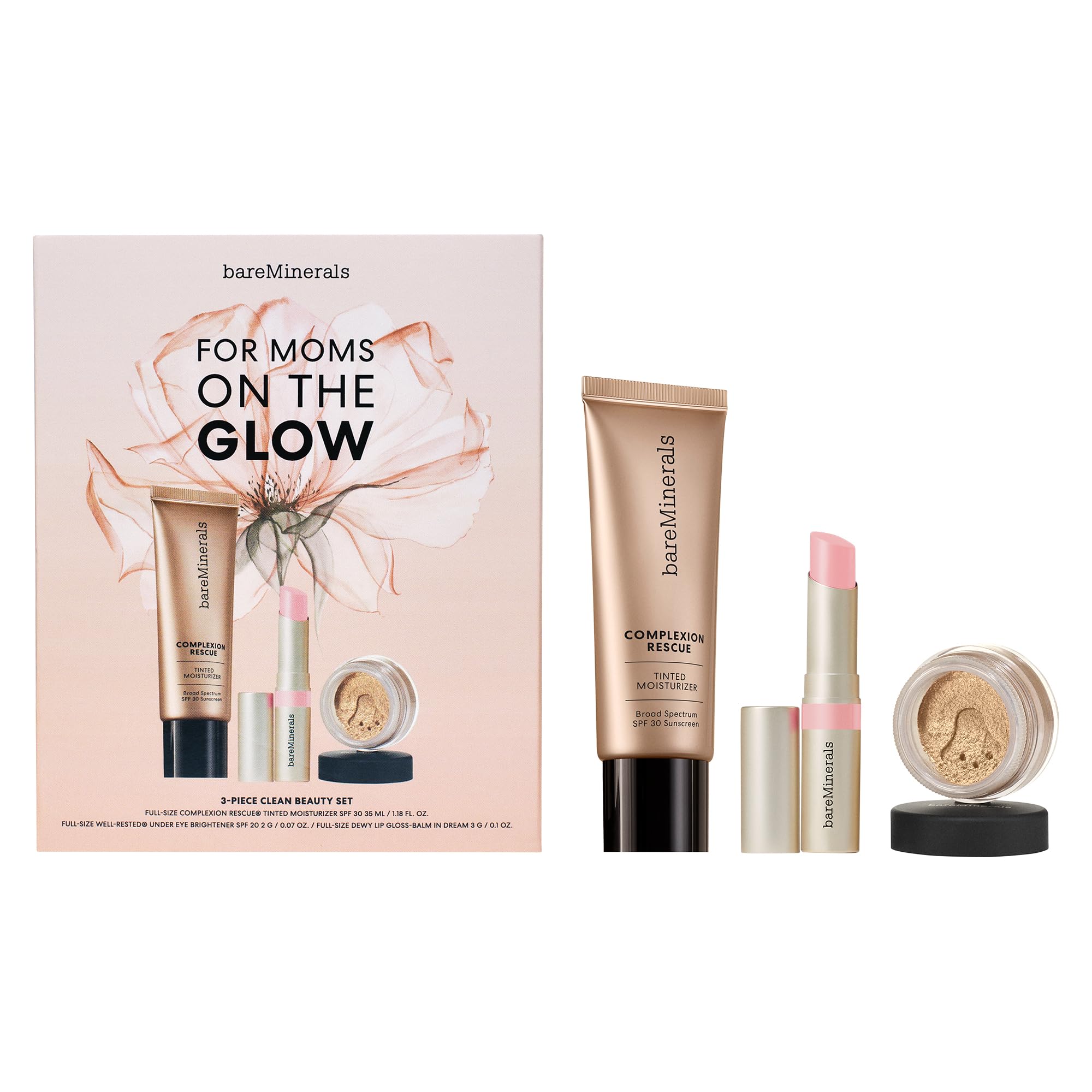 bareMinerals 3-Piece Clean Beauty Gift Set – Tinted Moisturizer SPF 30, Under-Eye Brightener SPF 20, Dewy Lip Gloss-Balm
