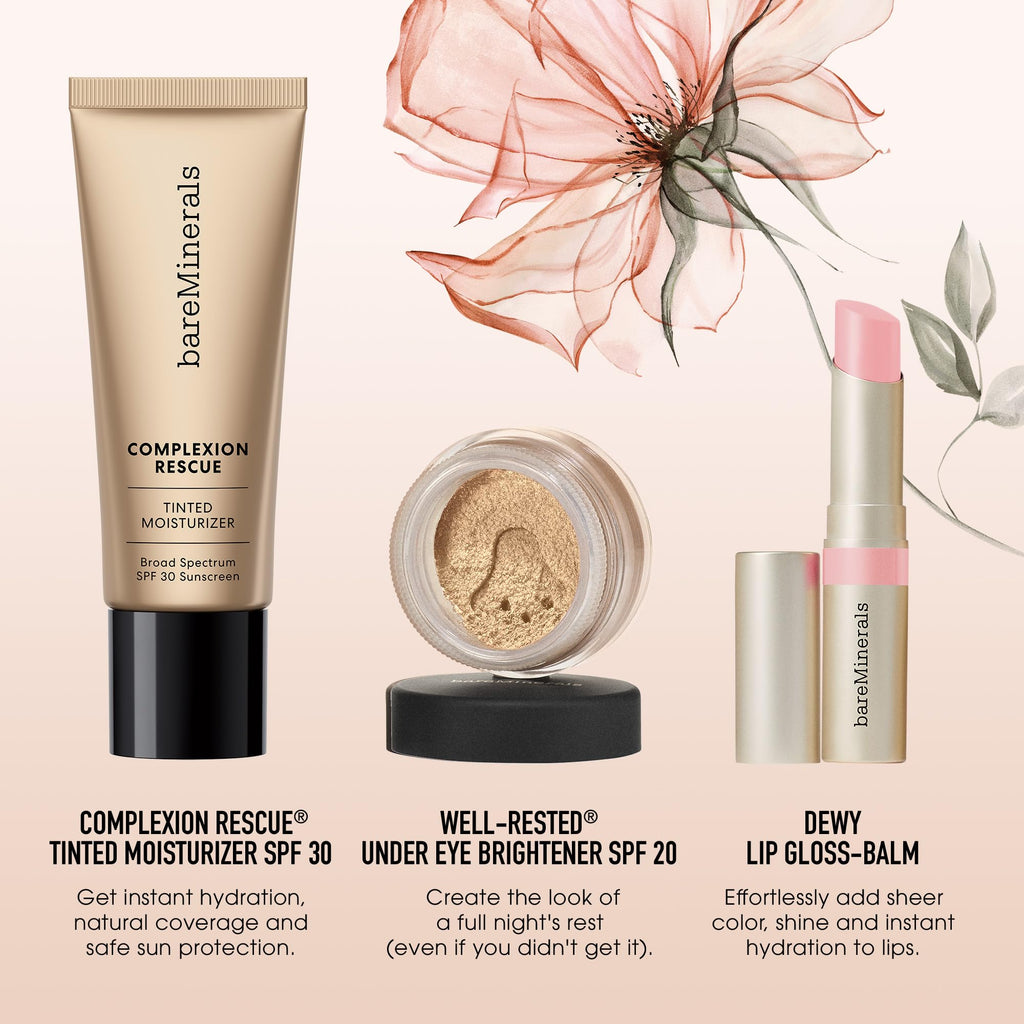 bareMinerals 3-Piece Clean Beauty Gift Set – Tinted Moisturizer SPF 30, Under-Eye Brightener SPF 20, Dewy Lip Gloss-Balm
