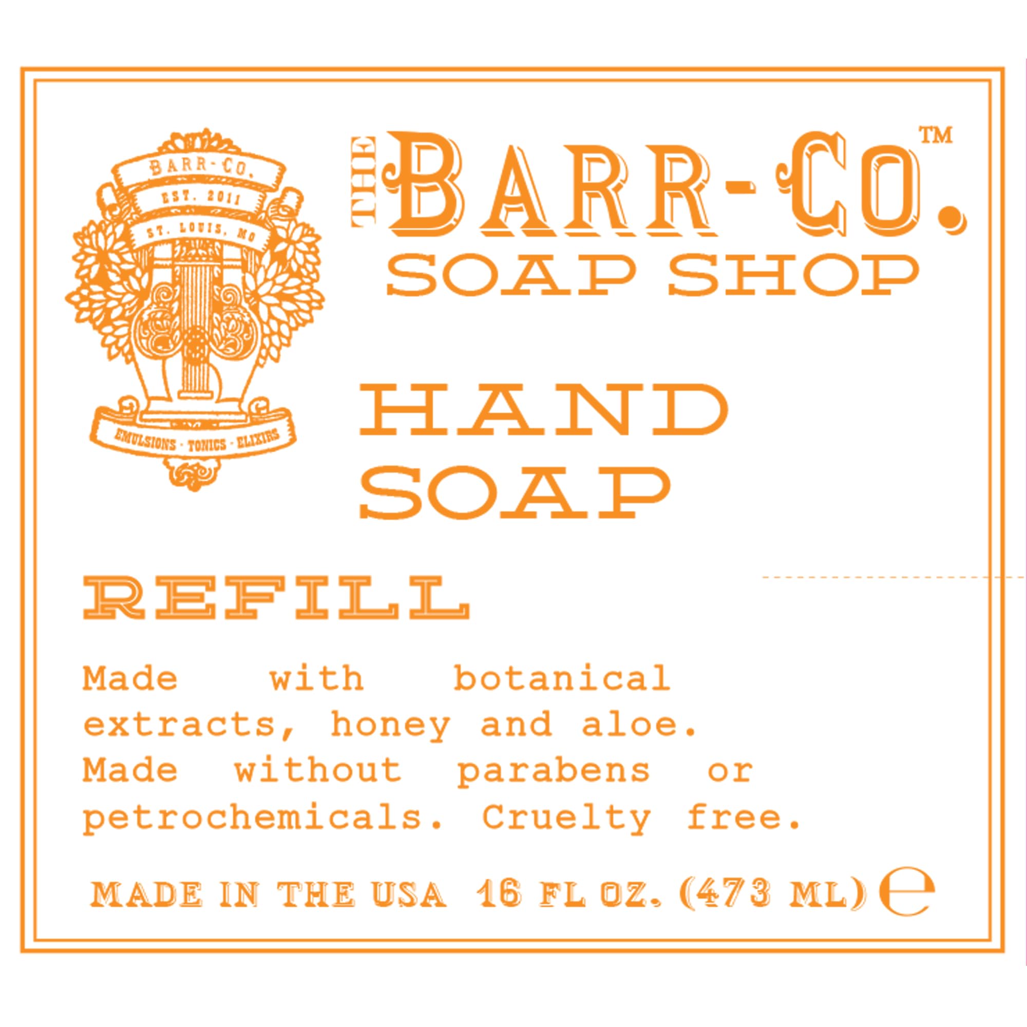 BARR-CO Hand Soap Refill – Natural Liquid Soap with Blood Orange & Amber, 16 fl oz