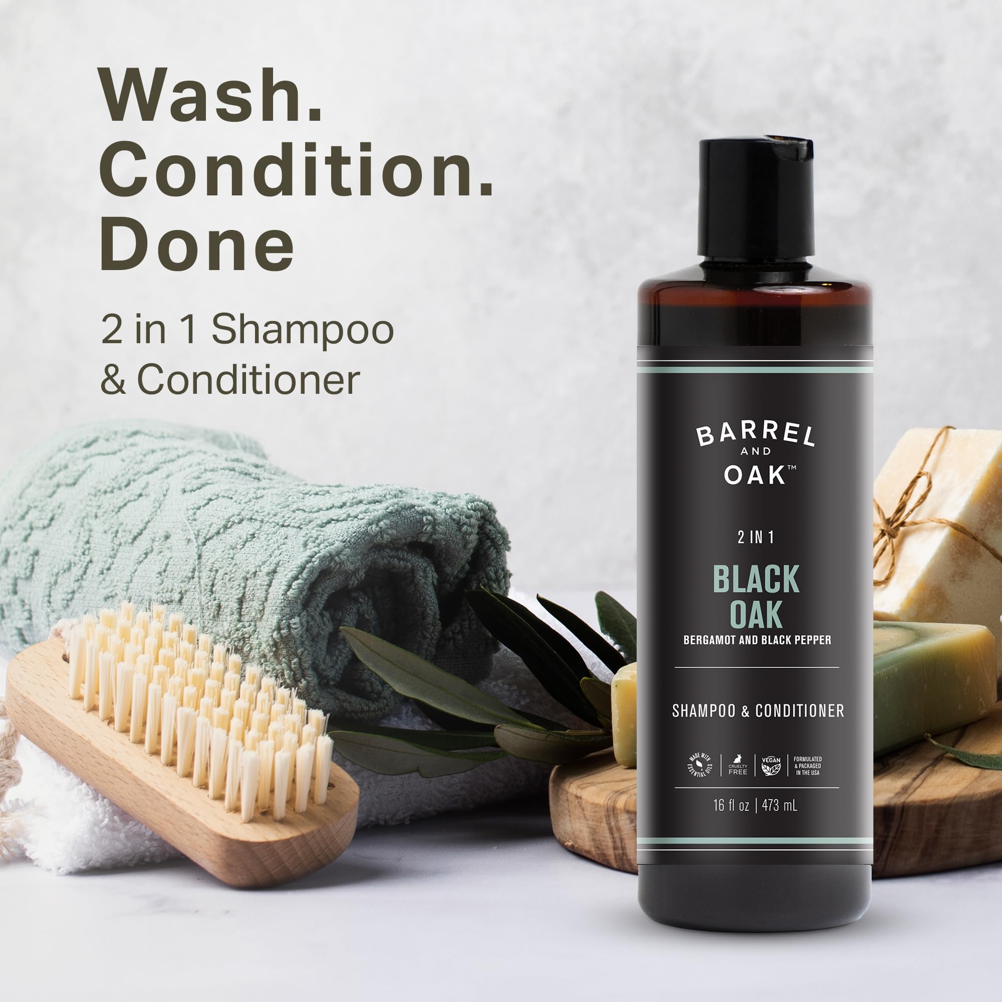 Barrel & Oak 2-in-1 Men’s Shampoo & Conditioner | Cleanse Hair & Scalp | vegan, Black Oak, 16 oz