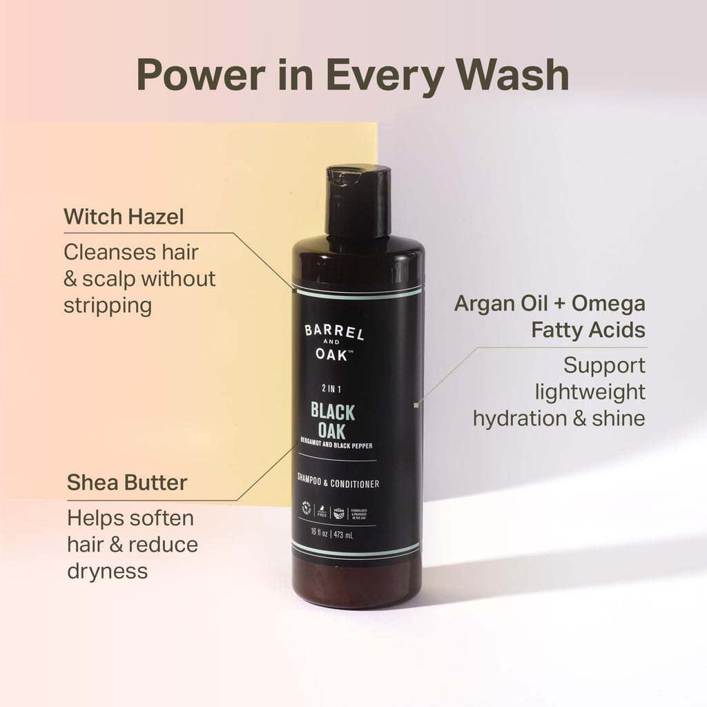 Barrel & Oak 2-in-1 Men’s Shampoo & Conditioner | Cleanse Hair & Scalp | vegan, Black Oak, 16 oz