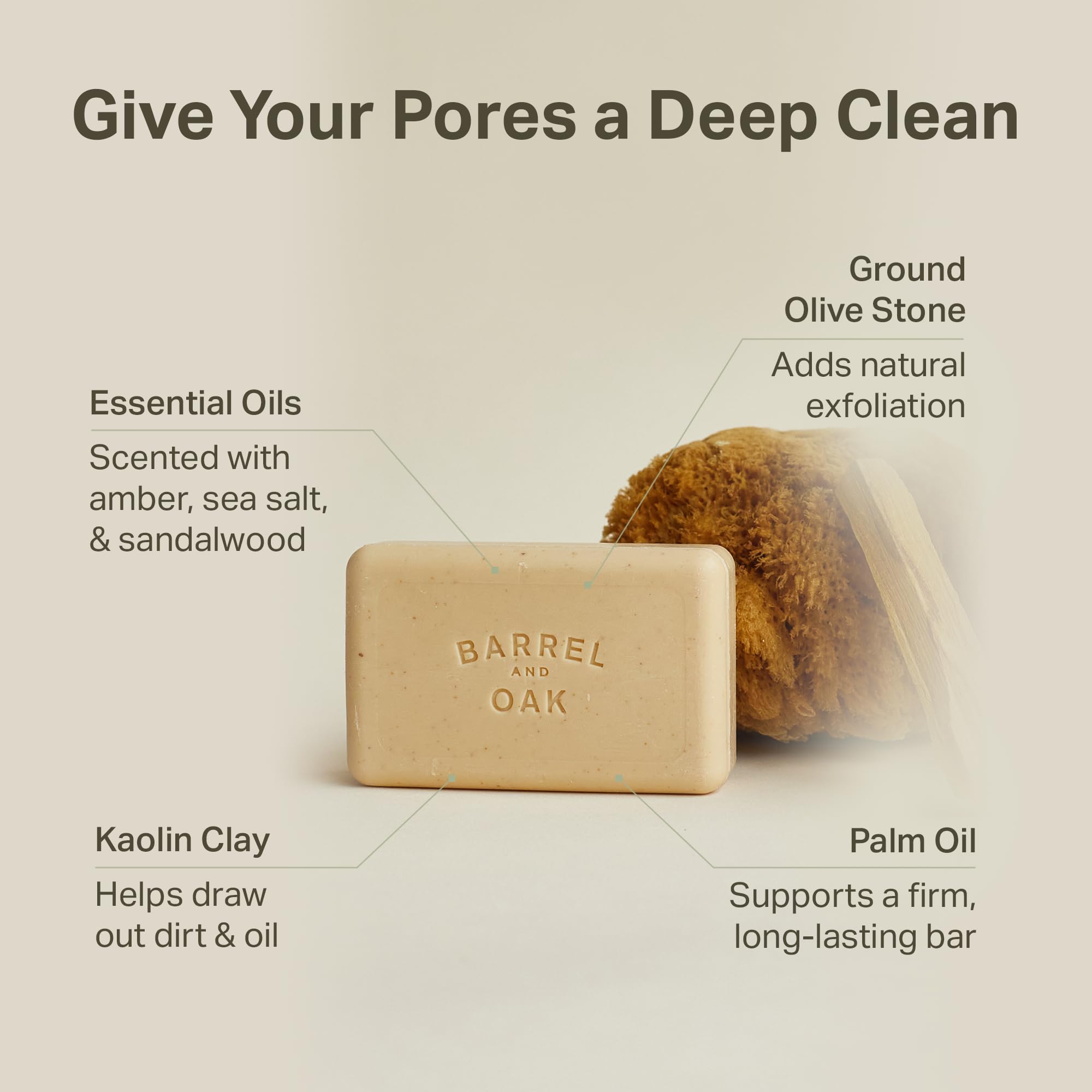 Barrel & Oak Exfoliating Bar Soap for Men – Spiced Sandalwood, Walnut & Olive Stone