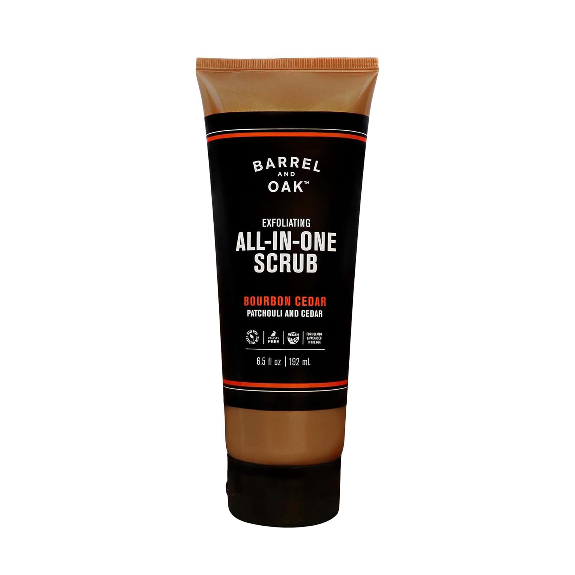 Barrel & Oak Exfoliating All-In-One Face & Body Scrub for Men | Walnut Shell & White Birch, Vegan Beard & Face Exfoliator, Bourbon Cedar, 6.5 fl oz