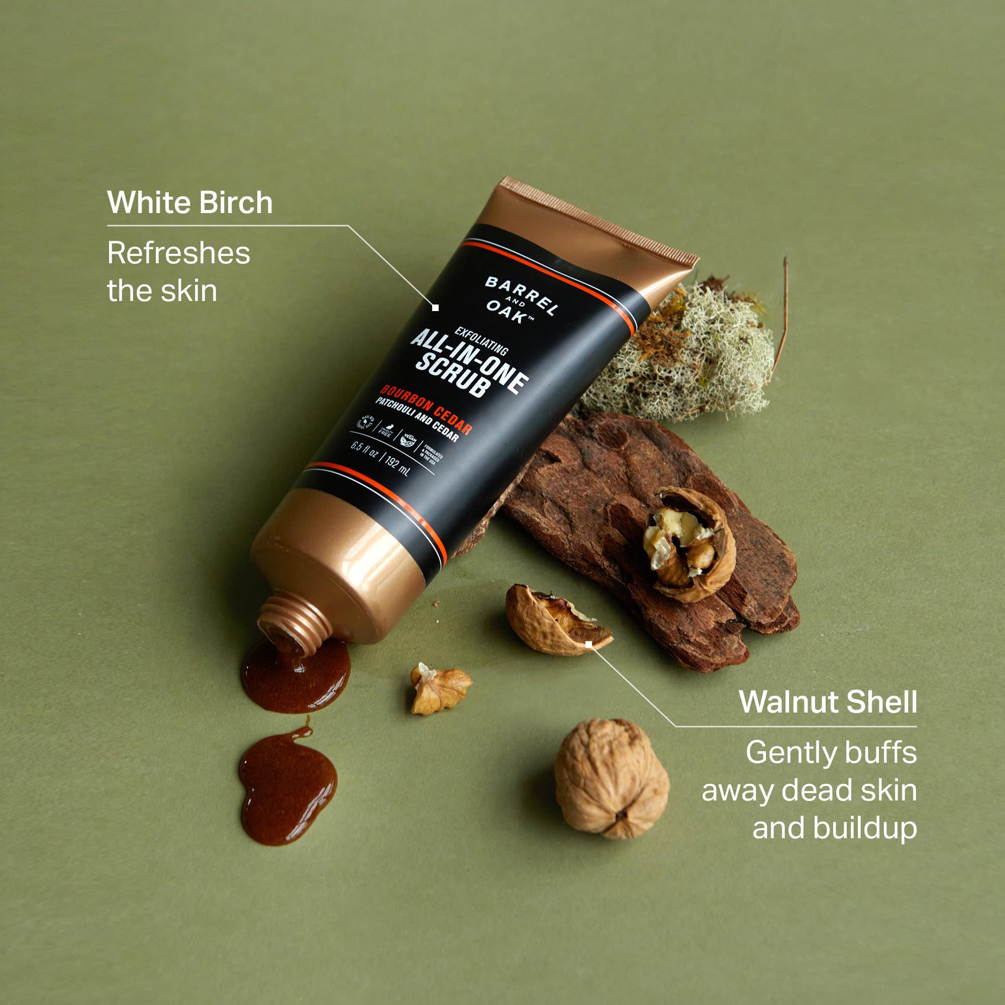 Barrel & Oak Exfoliating All-In-One Face & Body Scrub for Men | Walnut Shell & White Birch, Vegan Beard & Face Exfoliator, Bourbon Cedar, 6.5 fl oz